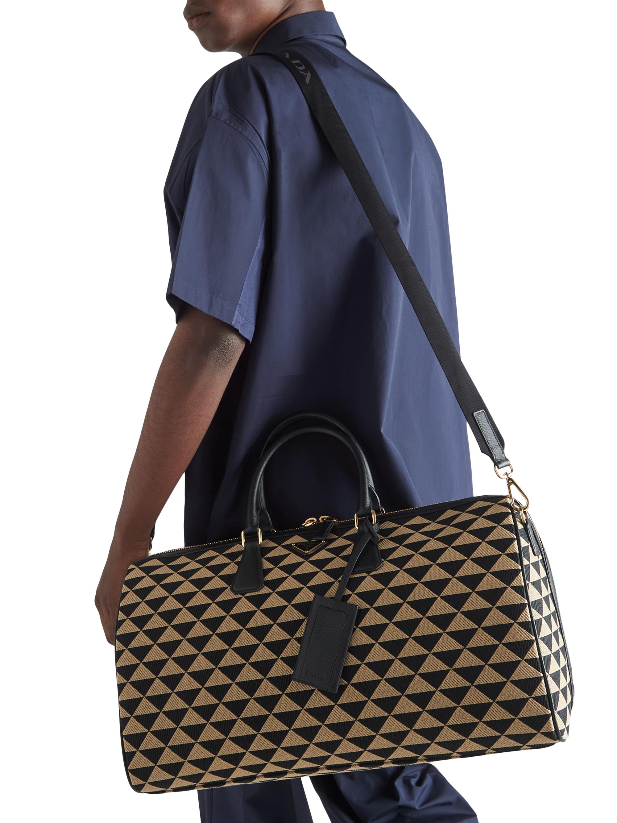 Prada Men's  Symbole Embroidered Fabric Travel Bag - Black