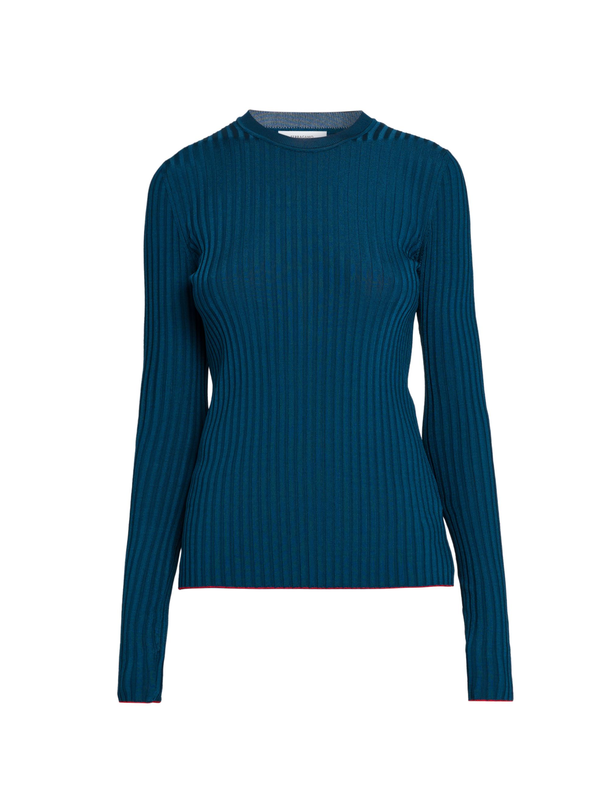 FERRAGAMO Women's Rib-Knit Crewneck Sweater - Teal Blue