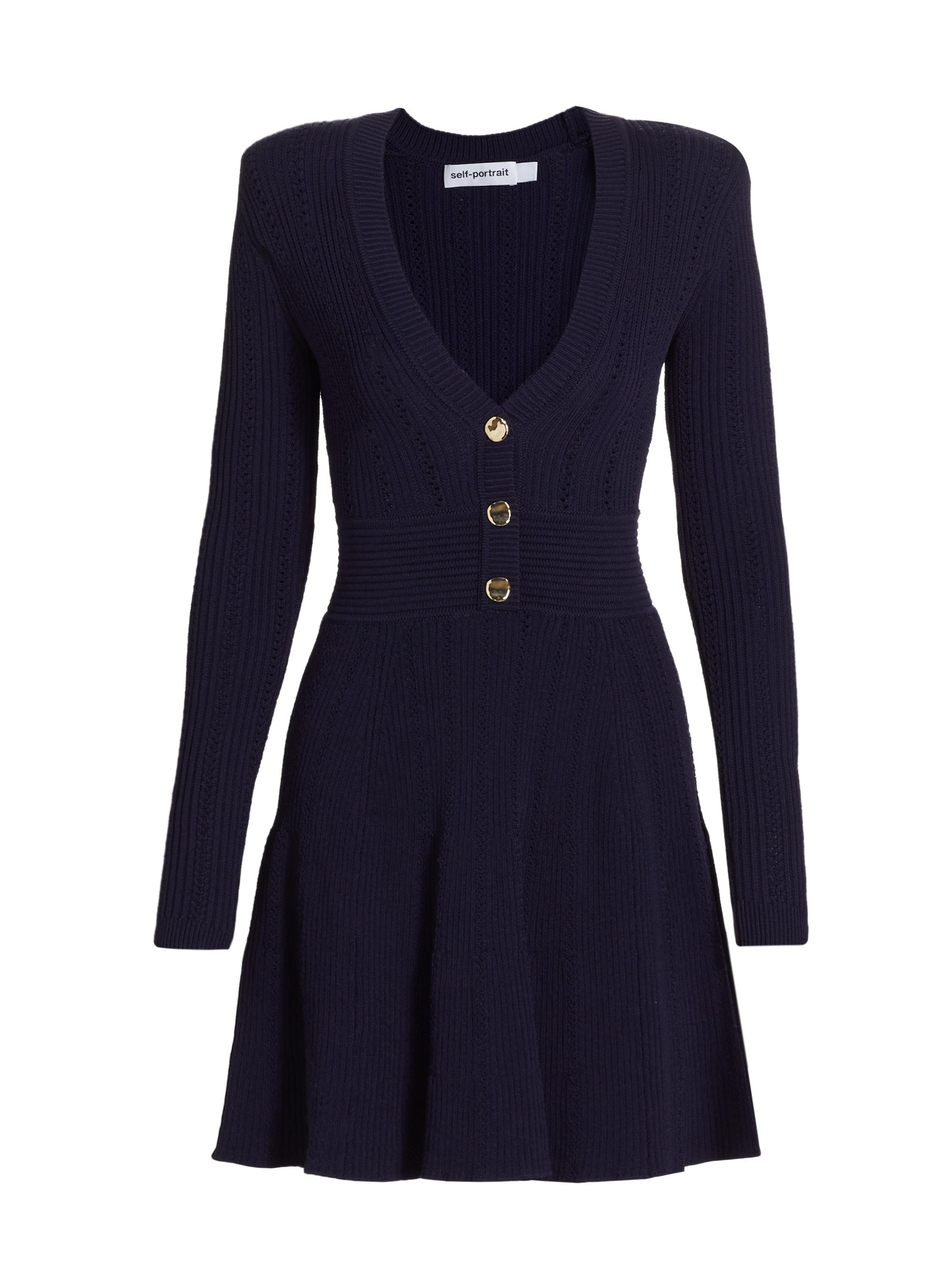 Self-Portrait Navy Pointelle-Knit Minidress | Saks Fifth Avenue