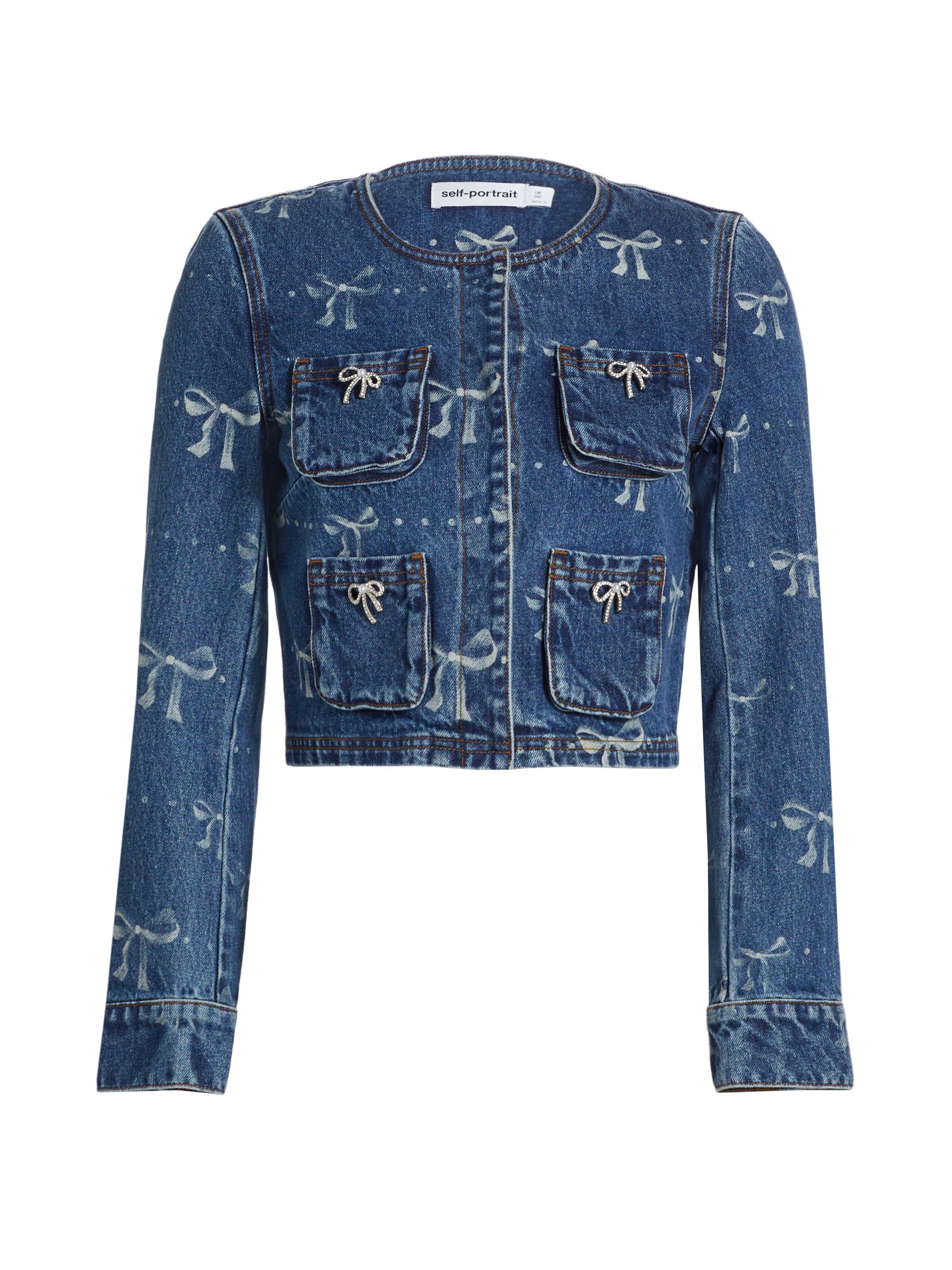 Shop Self-Portrait Bow Print Denim Jacket | Saks Fifth Avenue
