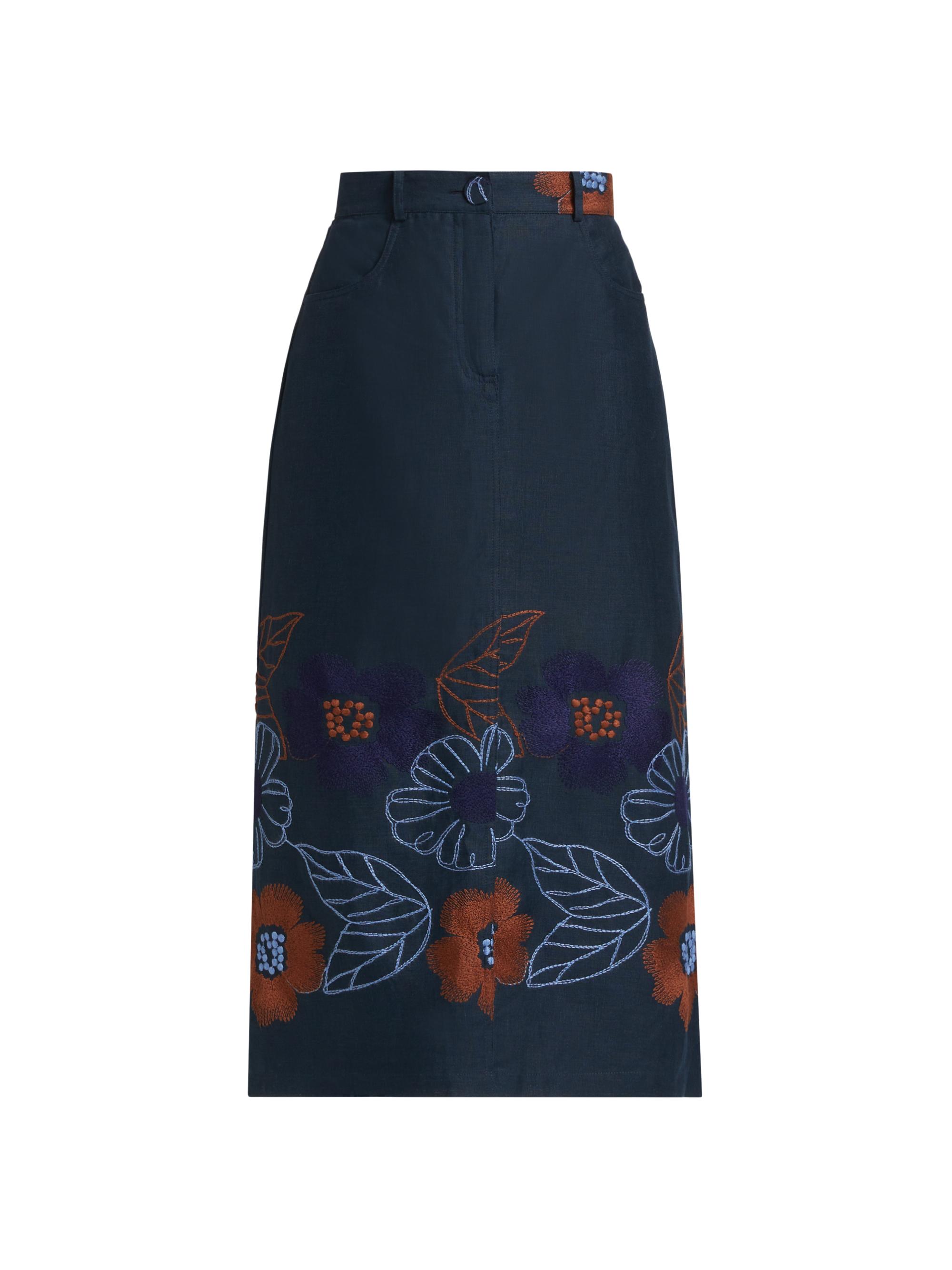 Silvia Tcherassi Women's Layan Floral Embroidered Midi-Skirt - Navy Ochre Flower Embroidery