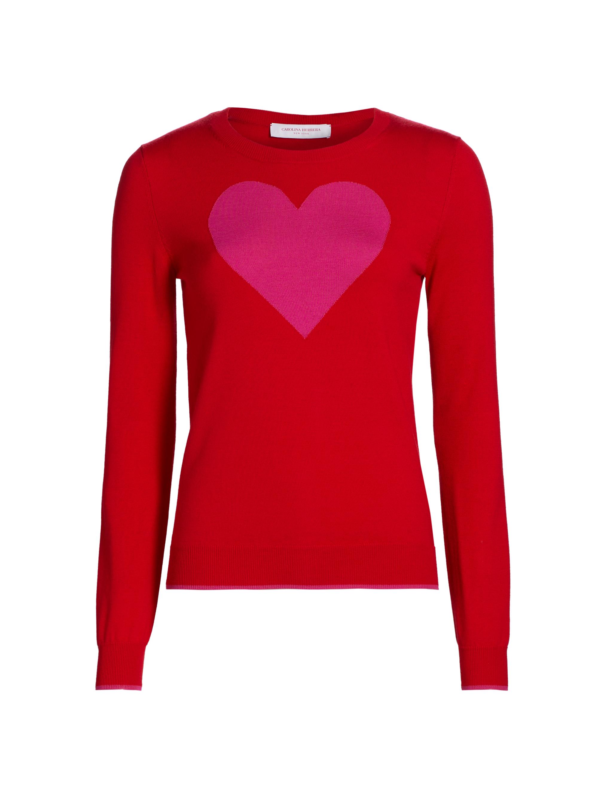 Carolina Herrera Women's Virgin-Wool Intarsia Heart Crewneck Sweater - Herrera Red Multi