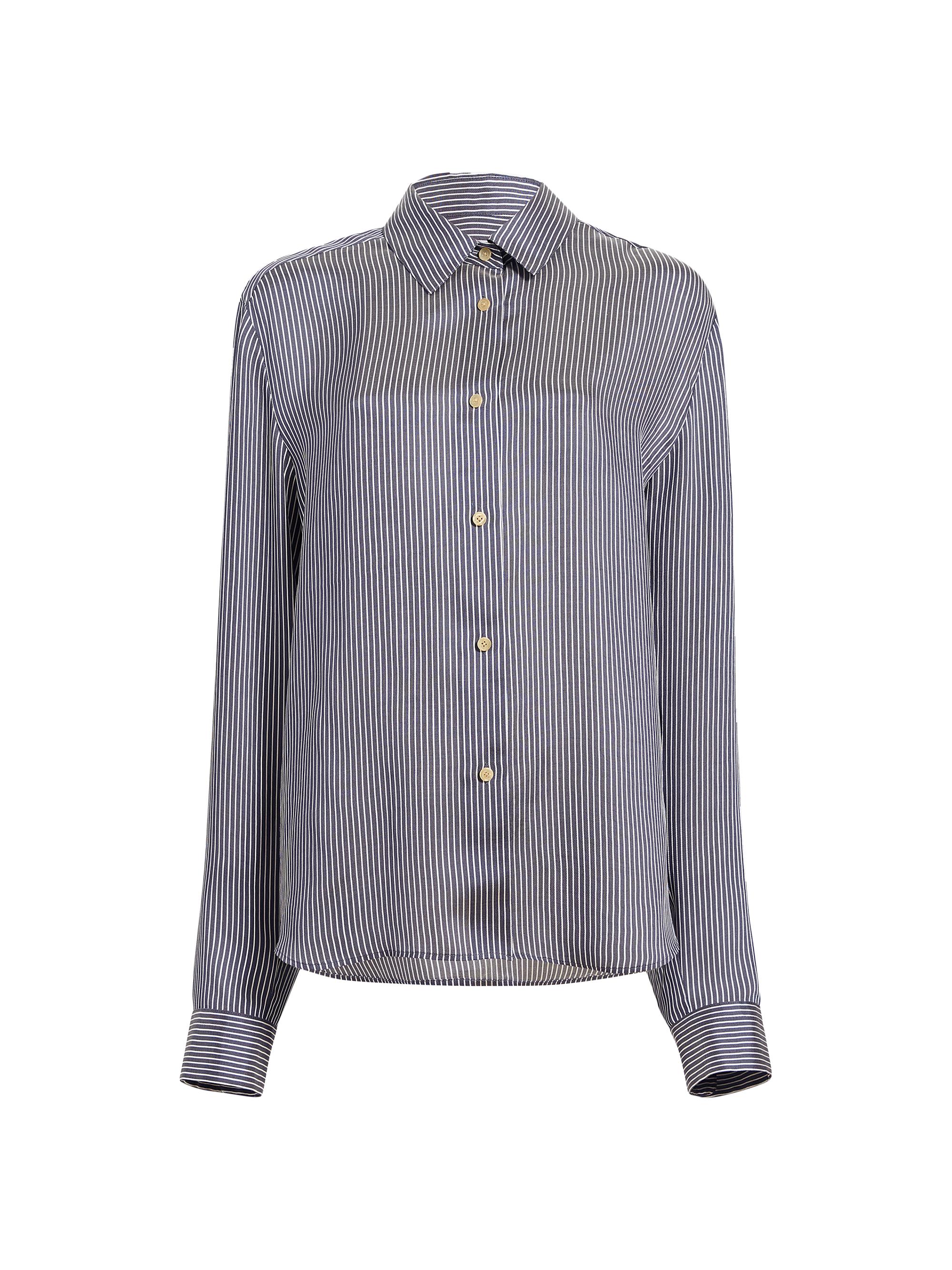 Khaite Women's Argo Pinstriped Silk Long-Sleeve Shirt - Navy White
