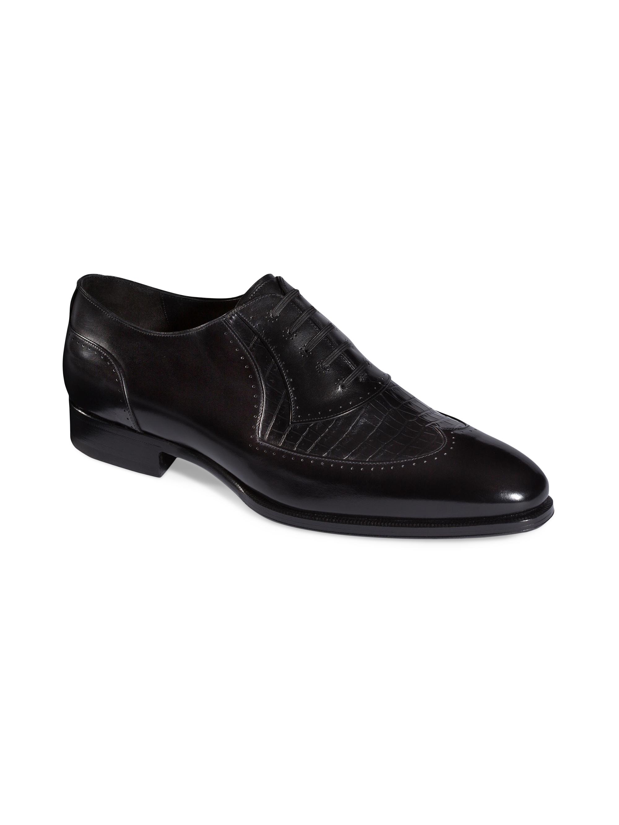 Stefano Ricci Men's Calfskin and Crocodile Leather Oxford Shoes - Black