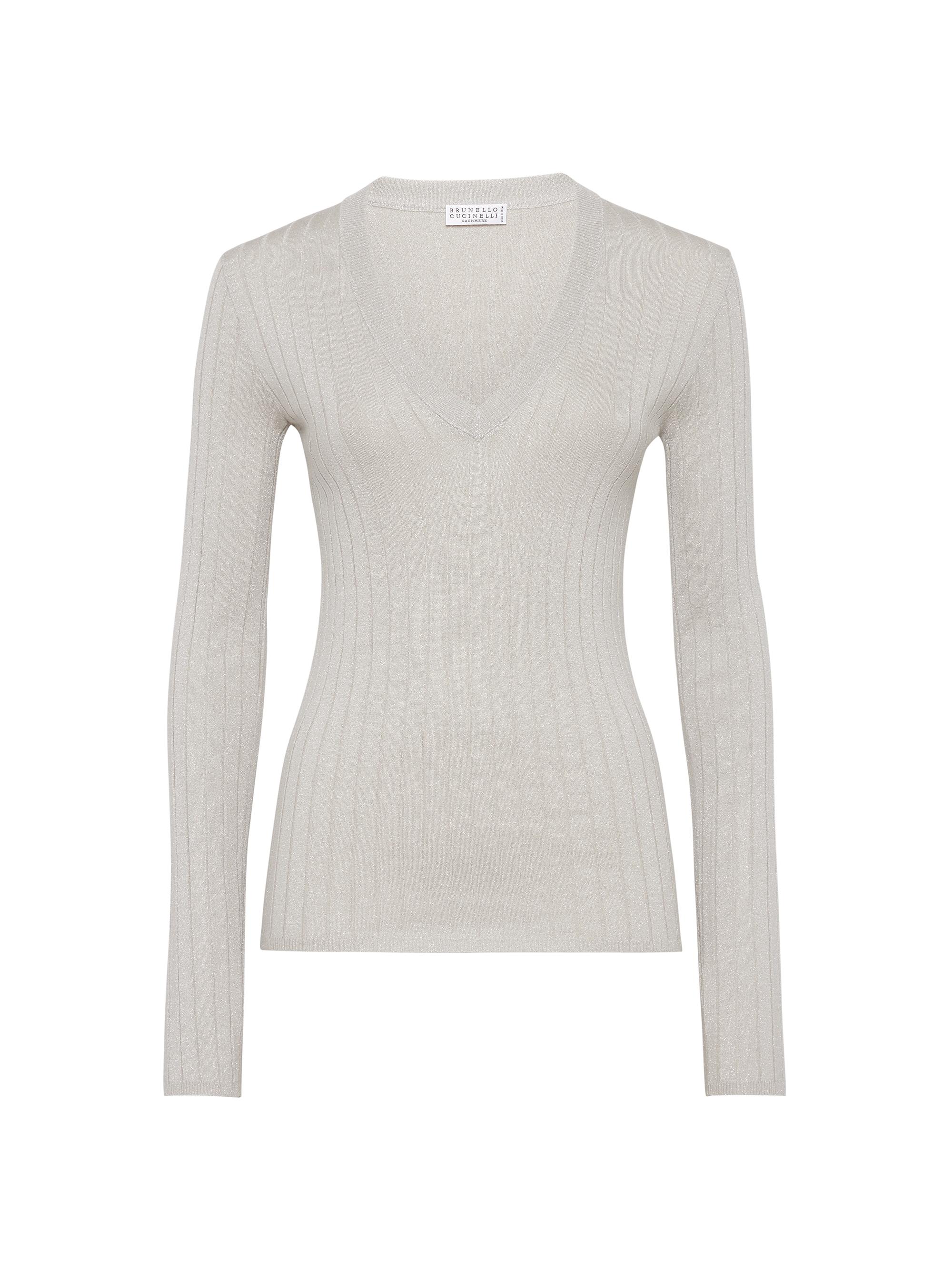 Brunello Cucinelli Women's Sparkling Cashmere and Silk Rib Knit Sweater - Pearl Grey
