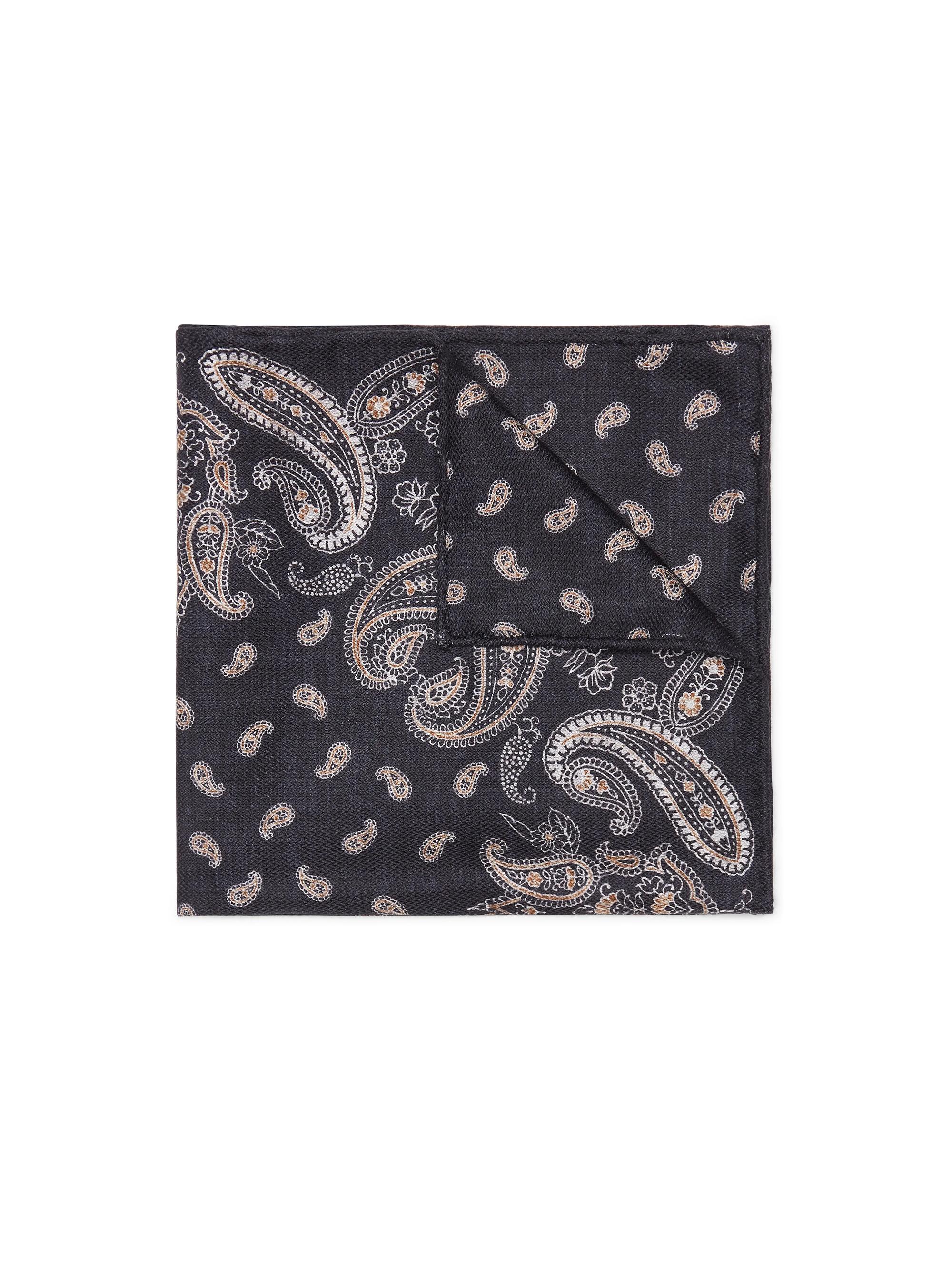Brunello Cucinelli Men's Silk Pocket Square with Paisley Design - Black