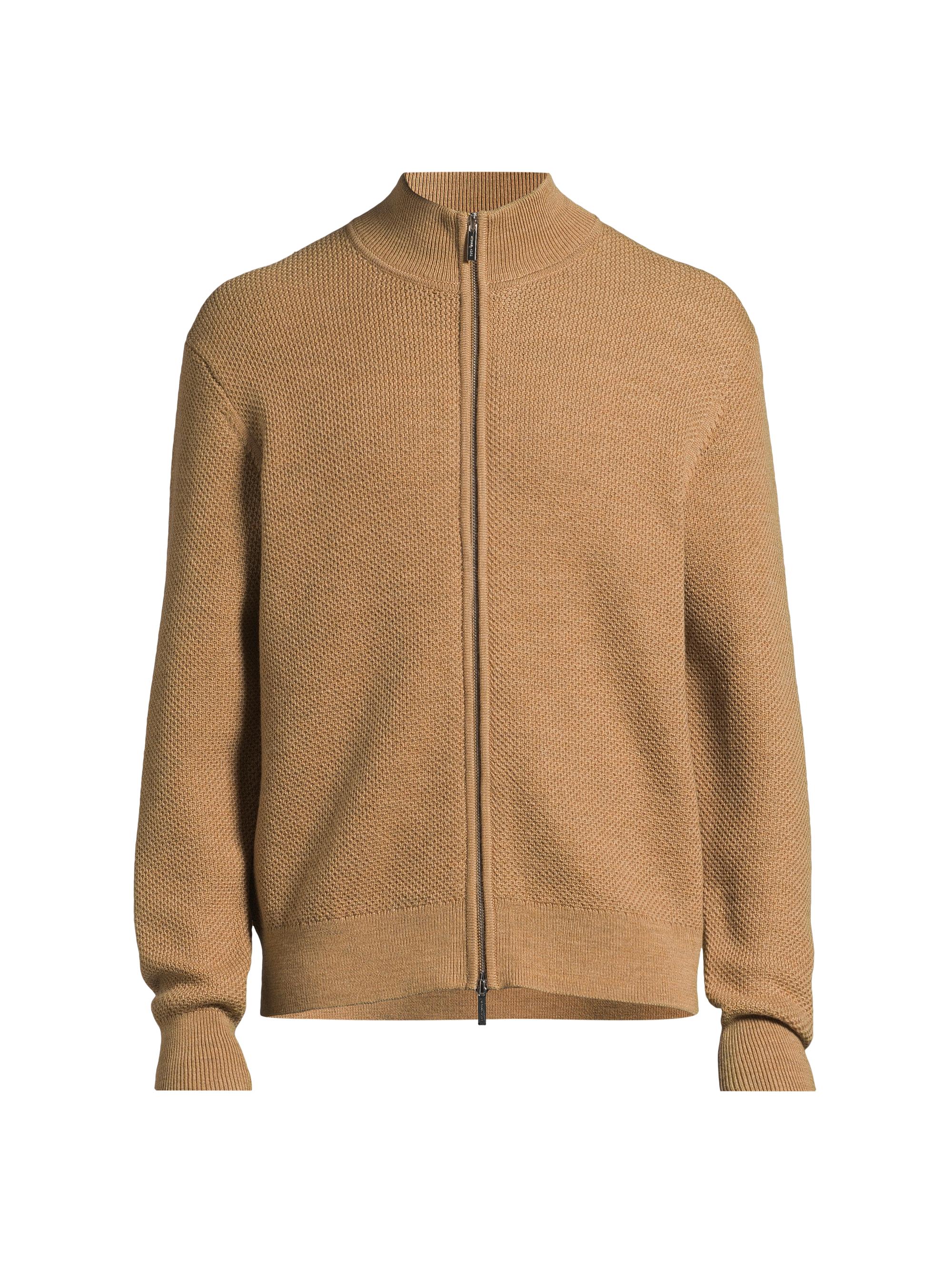 Michael Kors Men's Honeycomb Full-Zip Sweater - Dark Camel Melange
