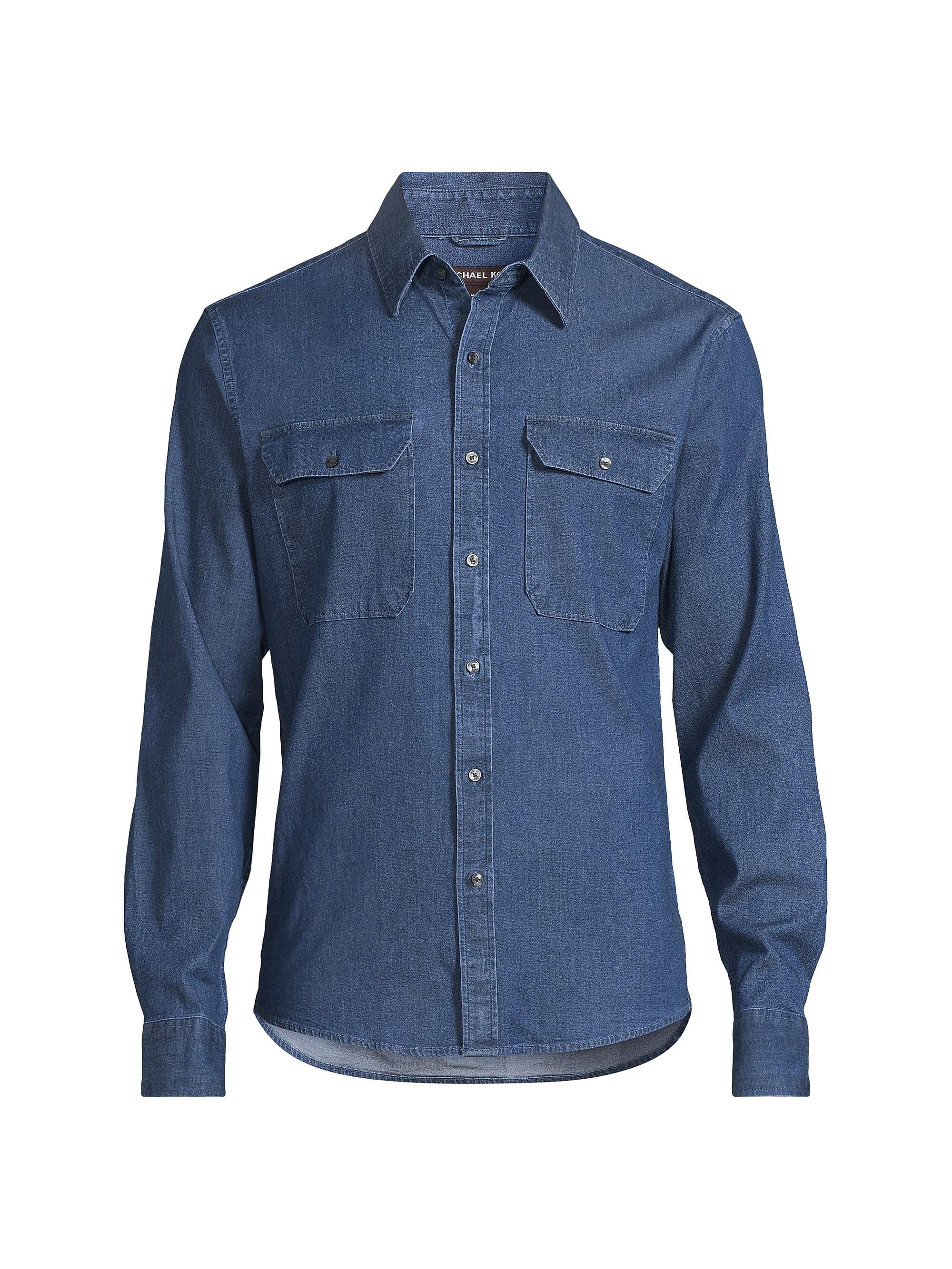 Michael Kors Men's Cotton-Blend Chambray Long-Sleeve Shirt Indigo