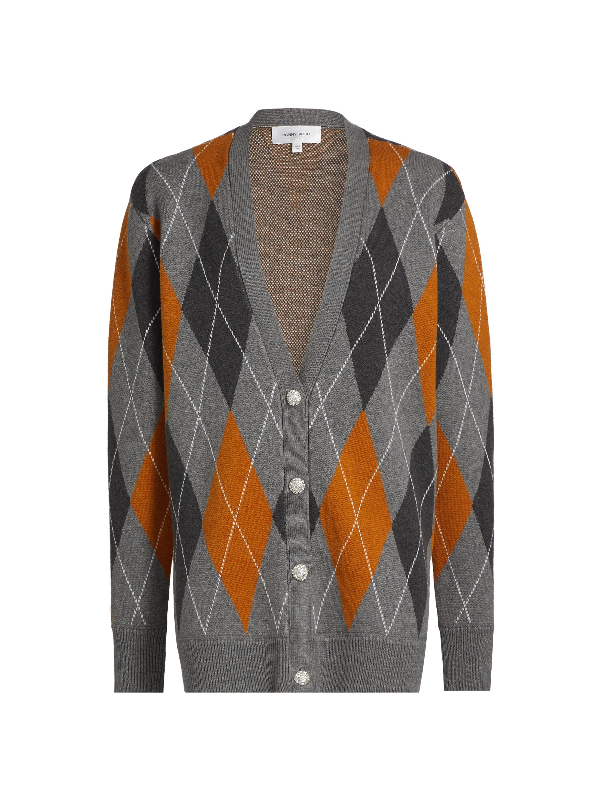 Ronny Kobo Women's Abarne Argyle Wool-Cotton Cardigan - Cinnamon Slate Grey