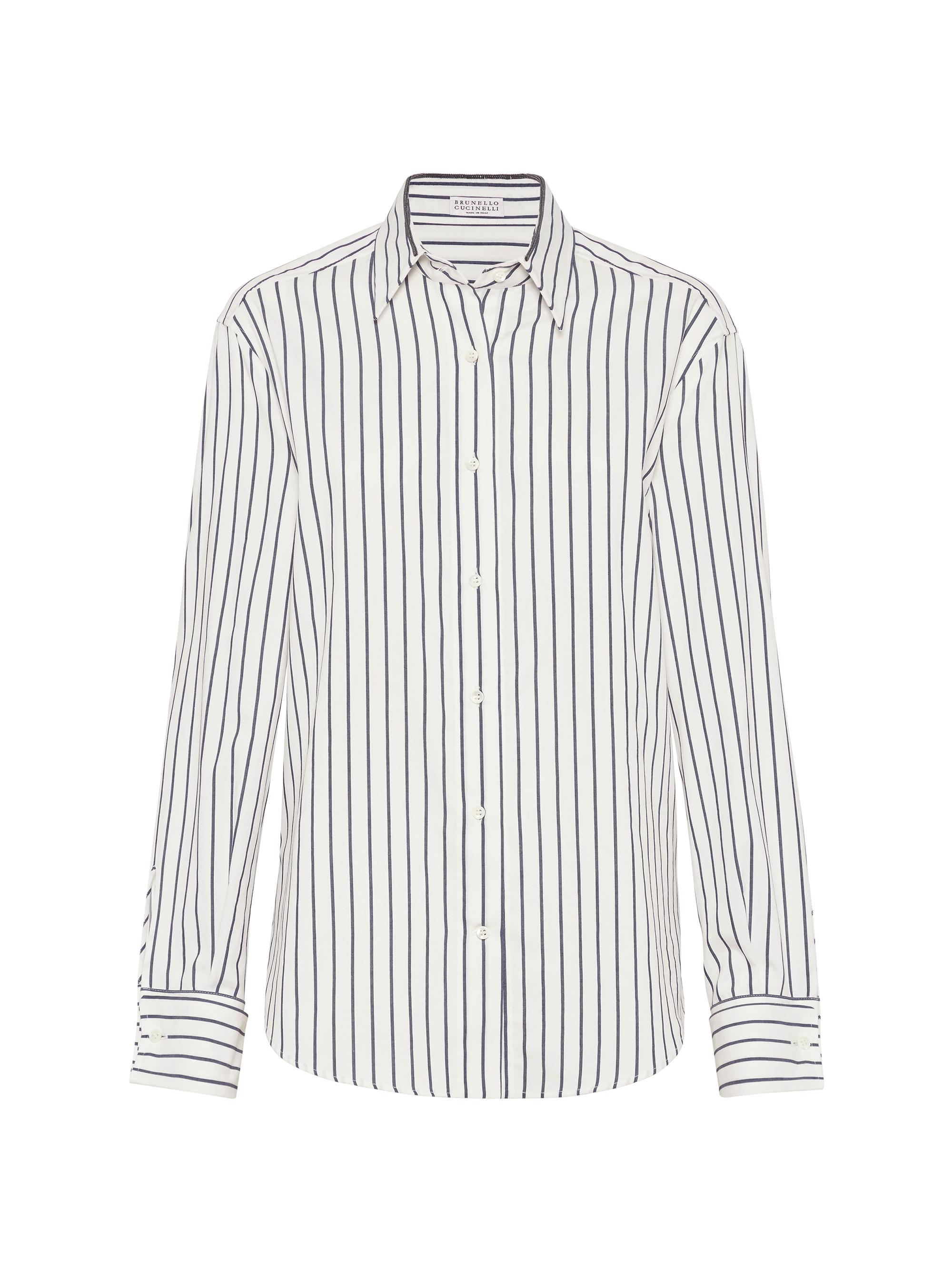 Brunello Cucinelli Women's Striped Cotton Twill Shirt with Shiny Collar Detail - Blue Multi