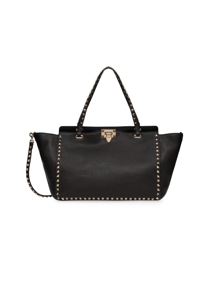 トートバッグ Valentino Garavani Black Leather Medium Rockstud Handbag Valentino Garavani Medium Grainy Calfskin Rockstud Bag