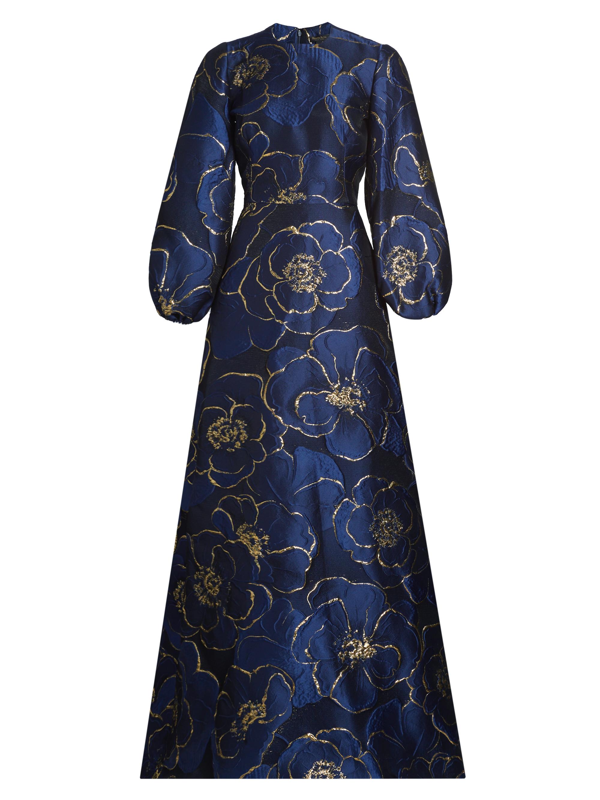 Reem Acra Women's Brocade Puff-Sleeve Kaftan Gown - Navy Gold