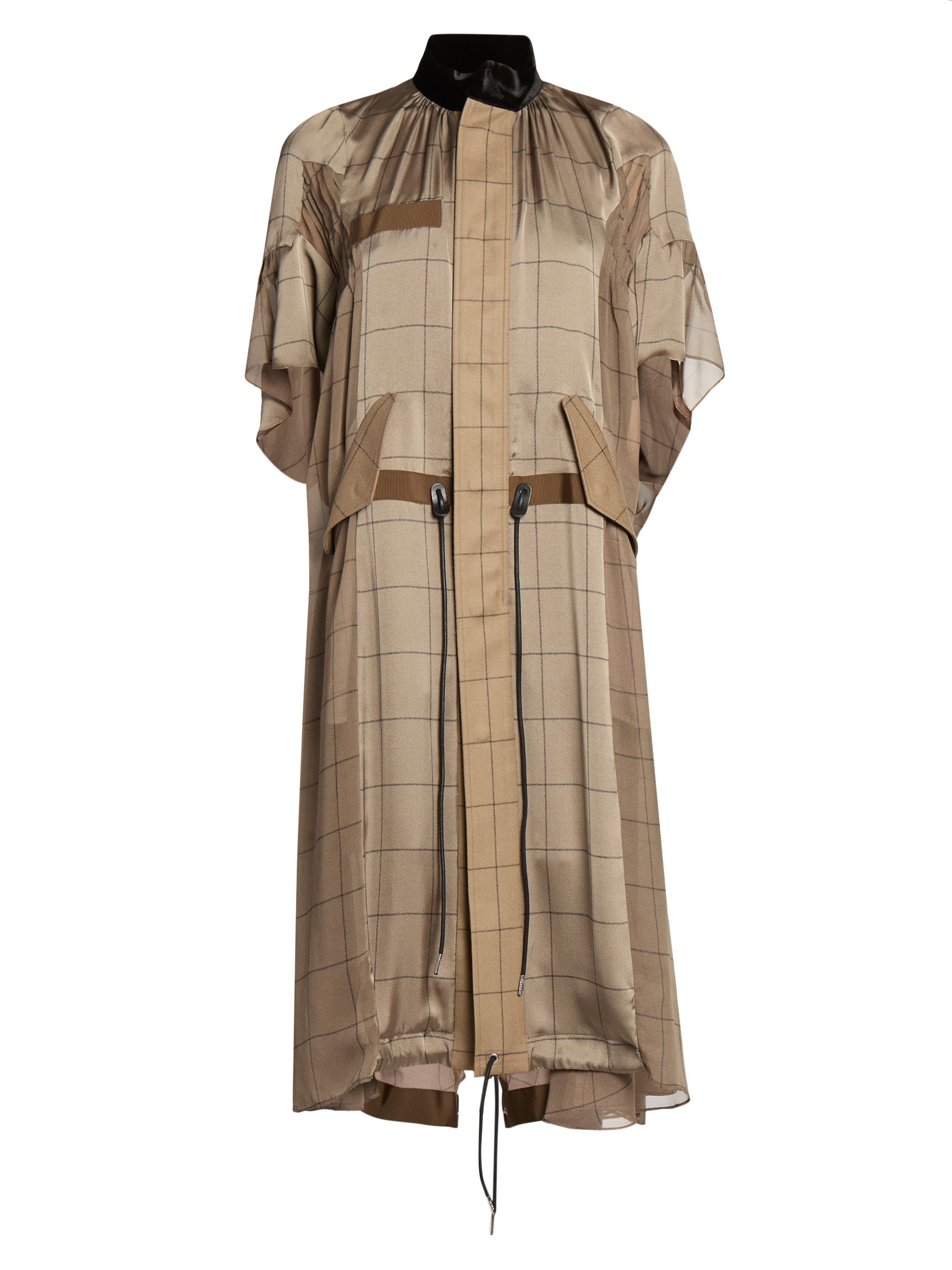 Sacai Women's Windowpane Check Drawcord Midi-Dress - Beige