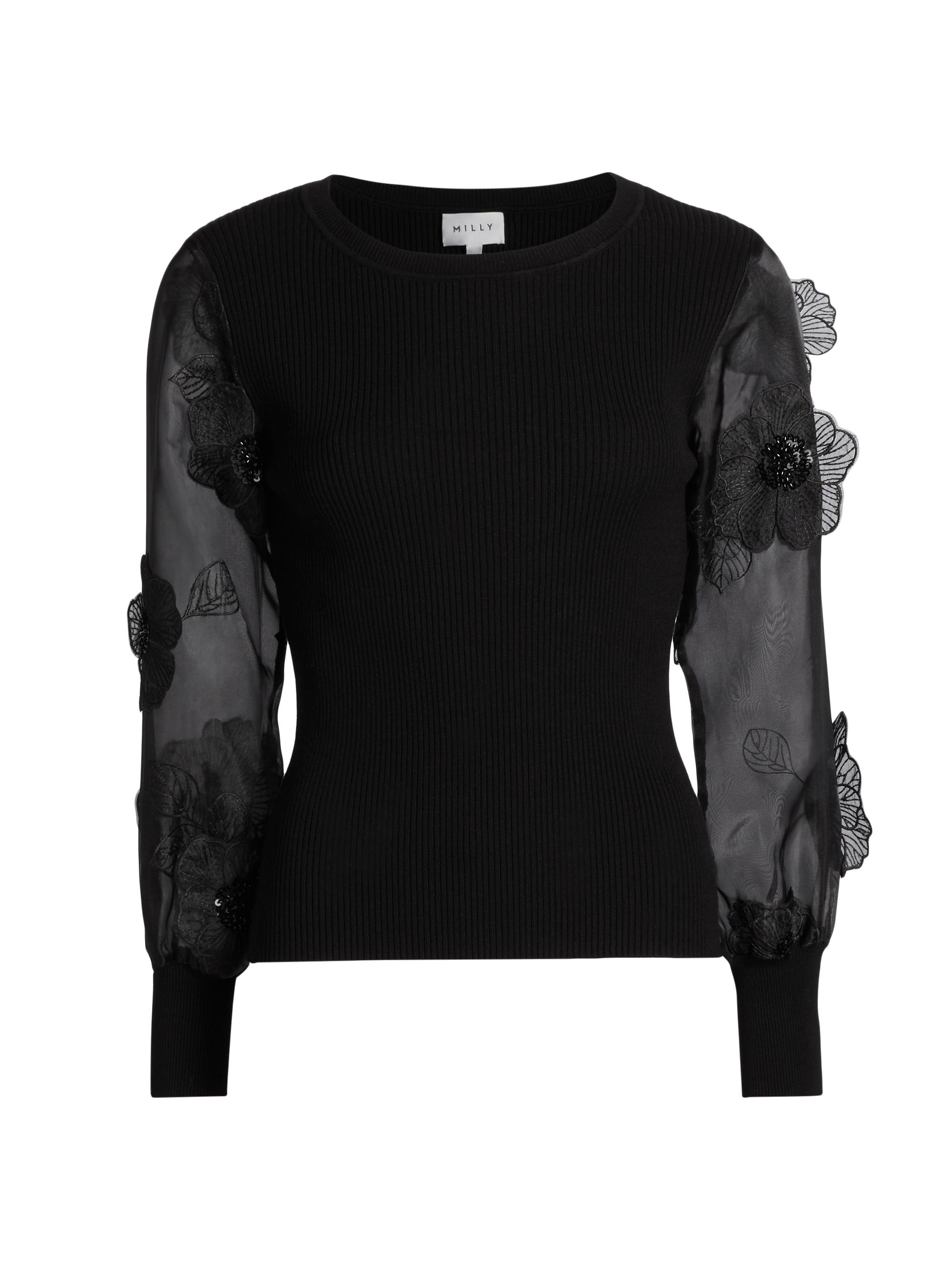 Milly Women's Koda Sheer Sleeve Knit Sweater - Black