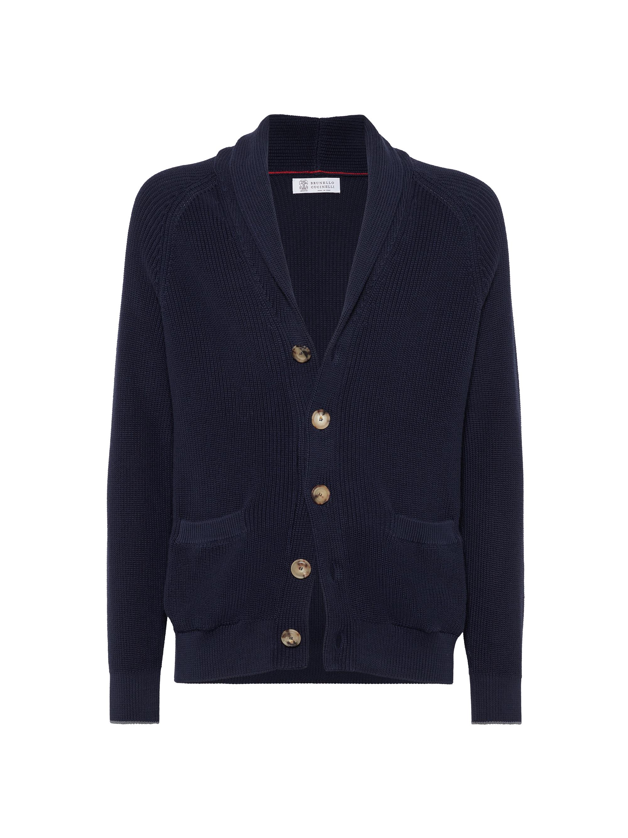 Brunello Cucinelli Men's Cotton Half English Rib Cardigan - Navy Blue