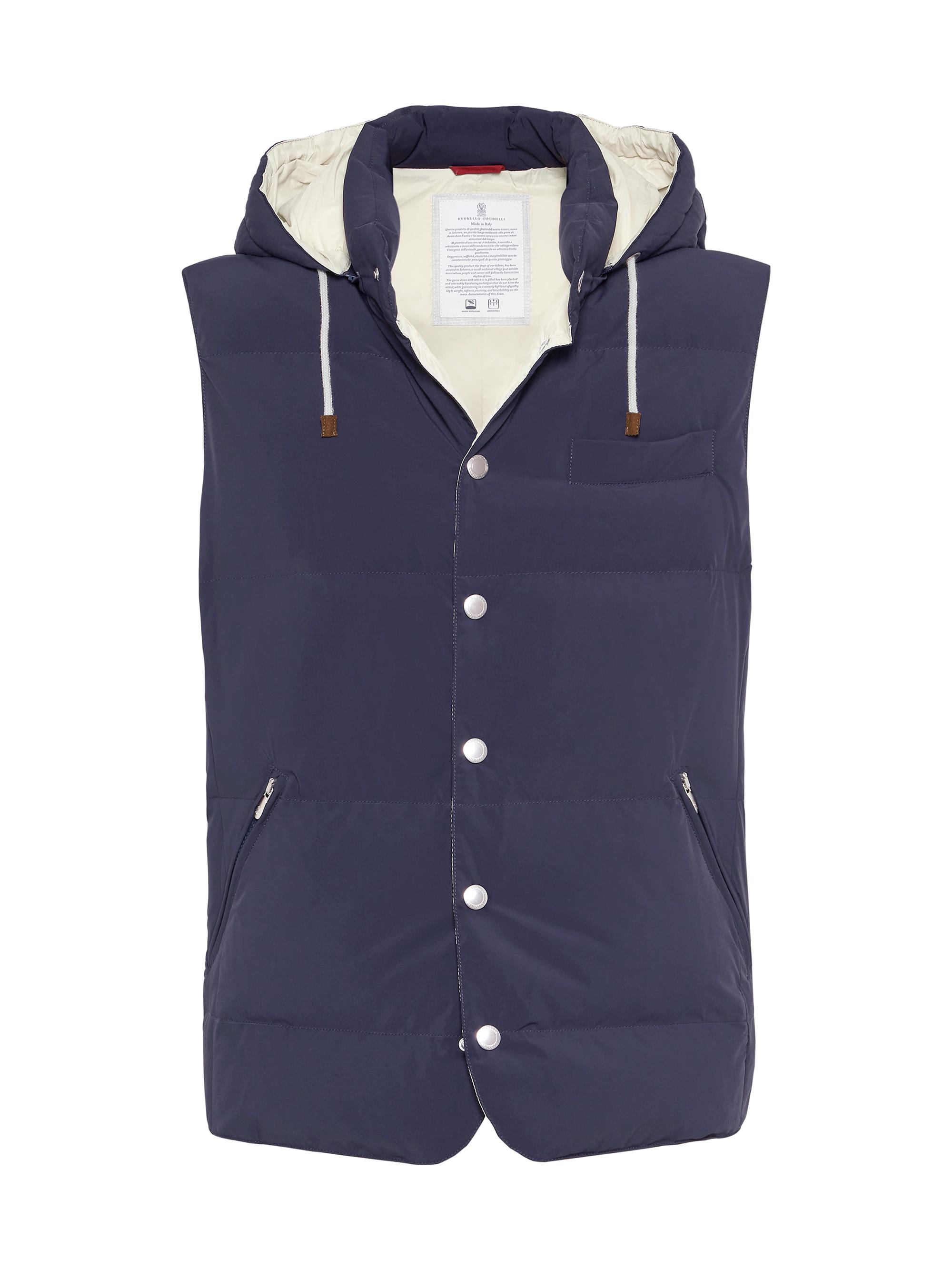 Brunello Cucinelli Men's Bonded Nylon Down Vest with Detachable Hood - Blue