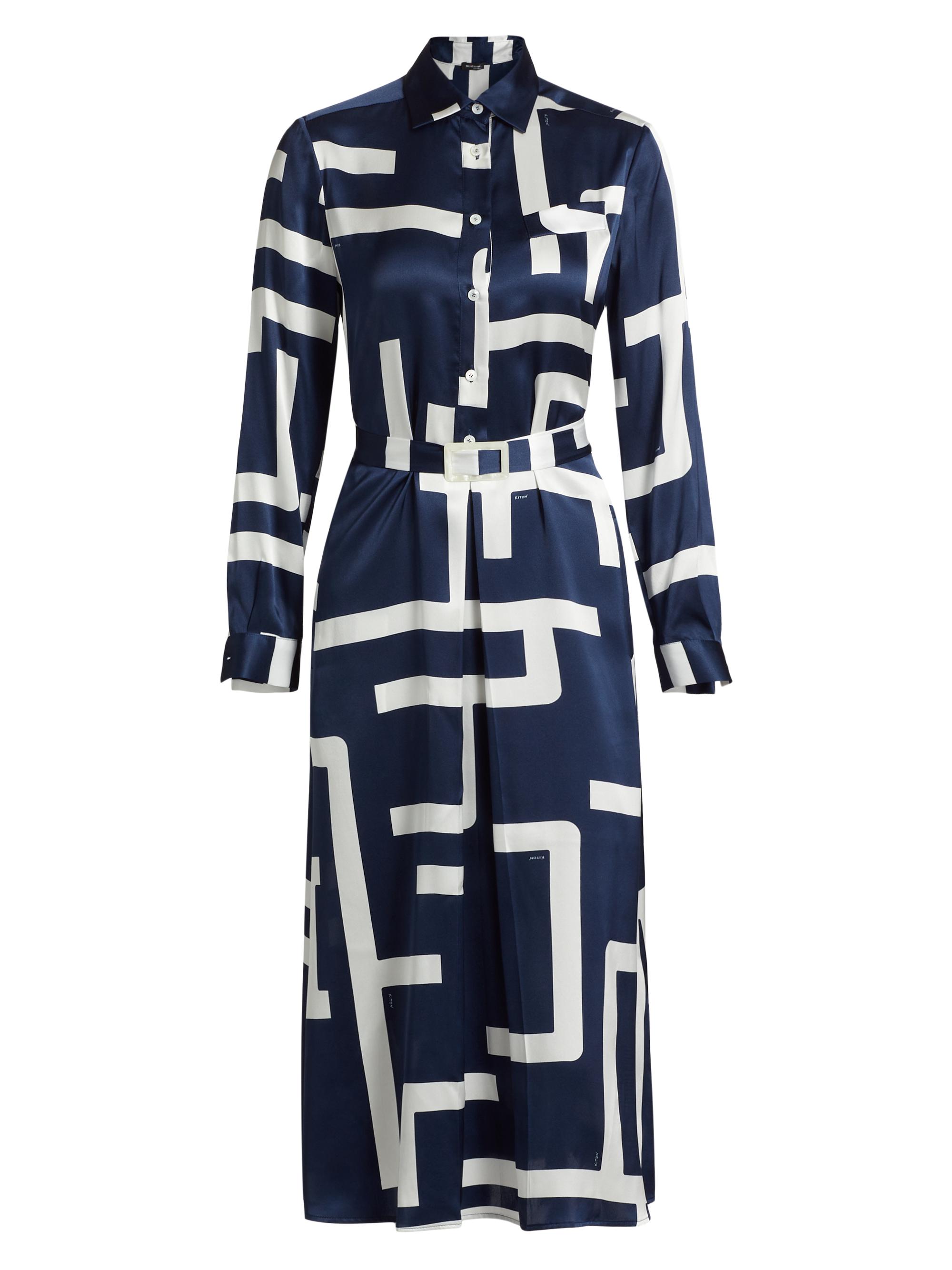 Kiton Women's Printed Silk Belted Shirtdress - White Blue