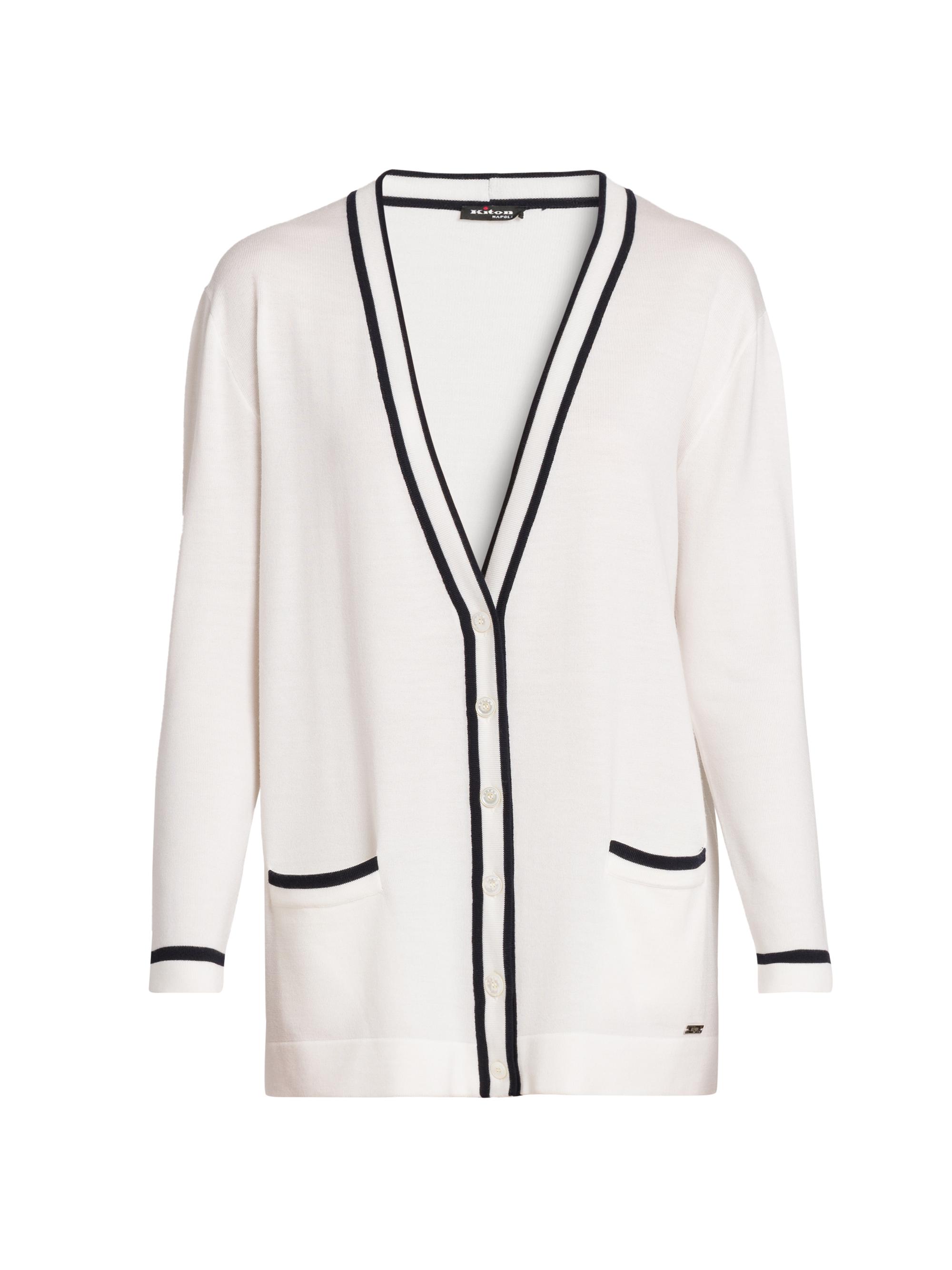 Kiton Women's Wool Knit V-Neck Cardigan - White Blue