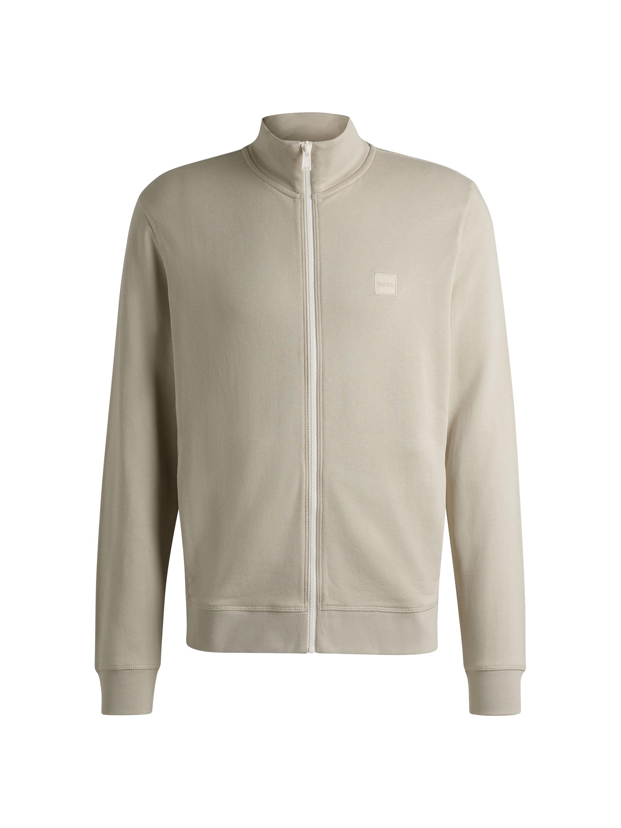 BOSS Men's Cotton Terry Zip Up Jacket with Logo Patch - Beige