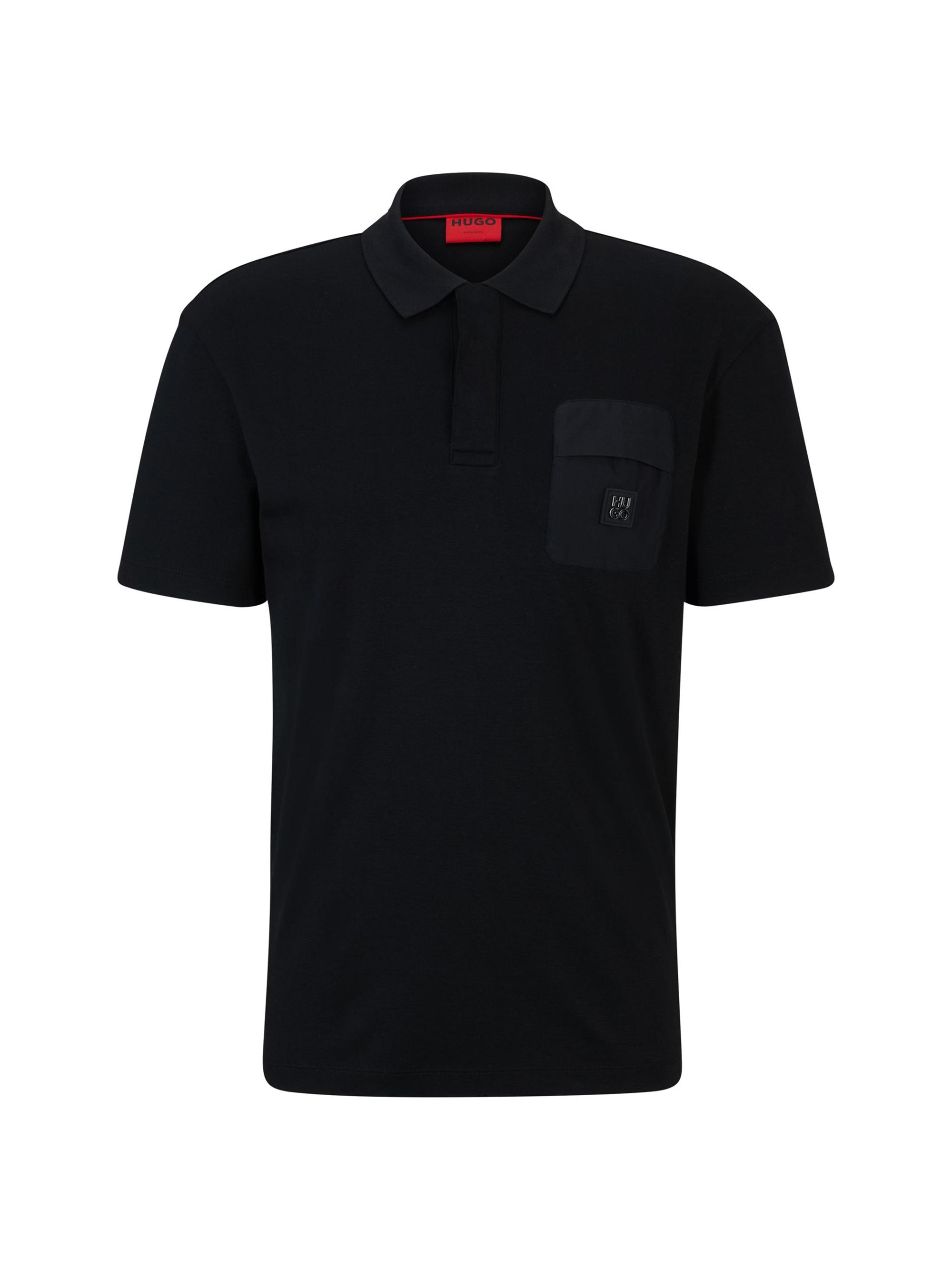 HUGO Men's Interlock Cotton Polo Shirt with Stacked Logo Trim - Black