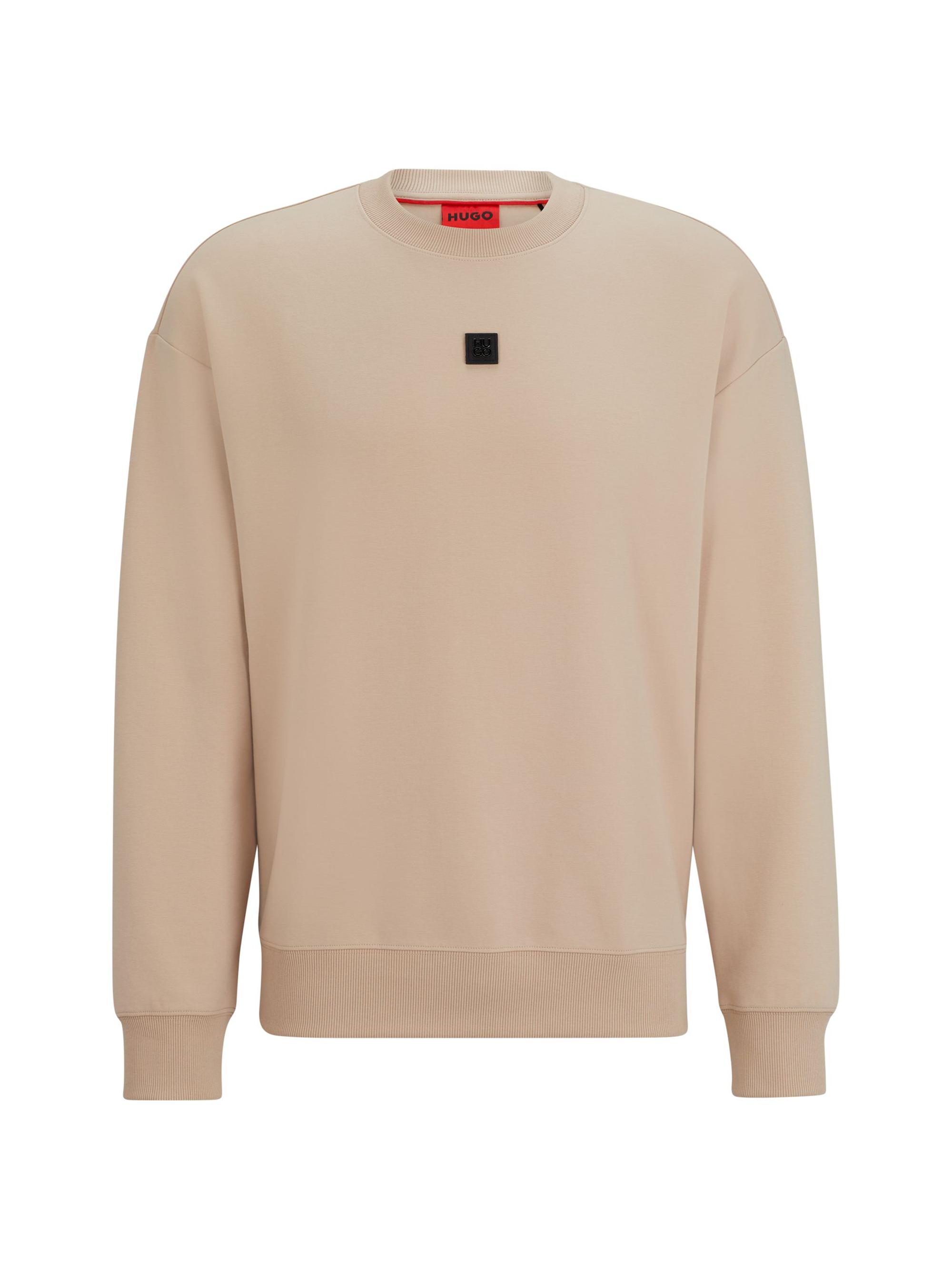 HUGO Men's Stretch Cotton Regular Fit Sweatshirt with Stacked Logo - Beige