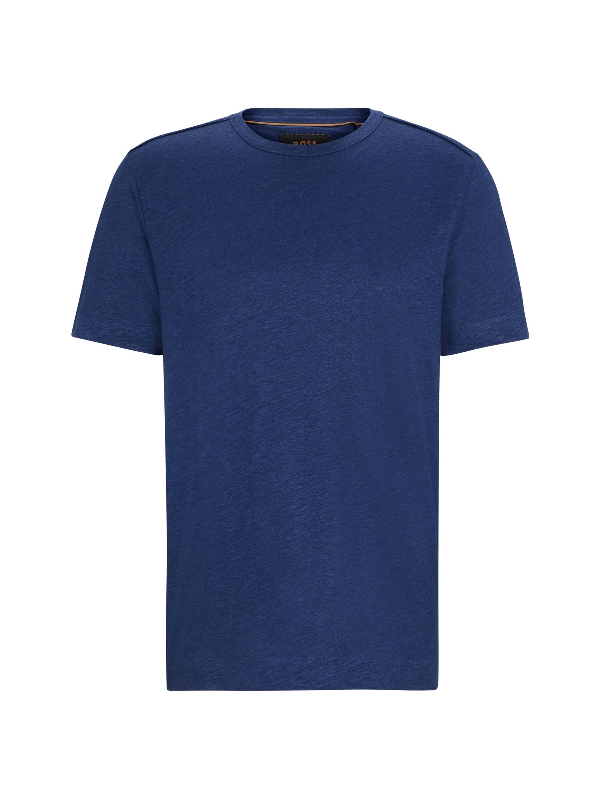 BOSS Men's Regular Fit T-Shirt in Linen and Silk - Blue