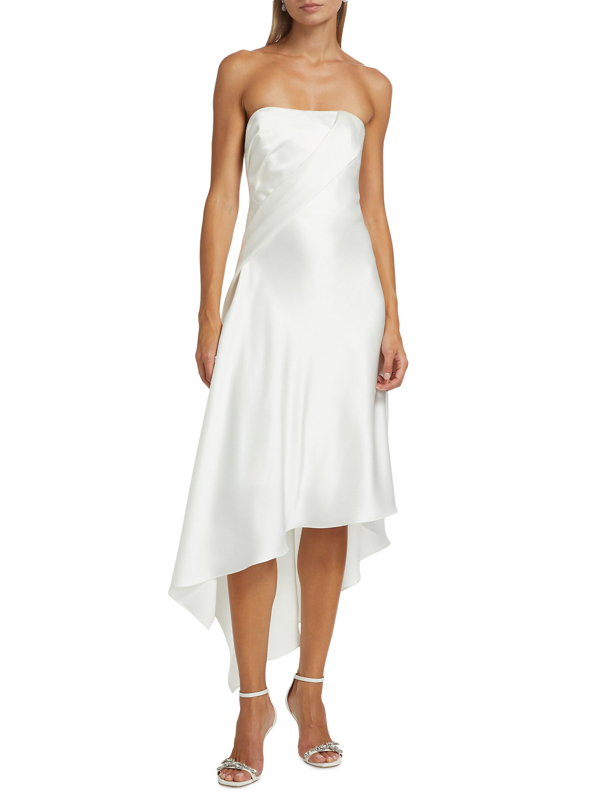 Asymmetric Satin Strapless Midi-Dress