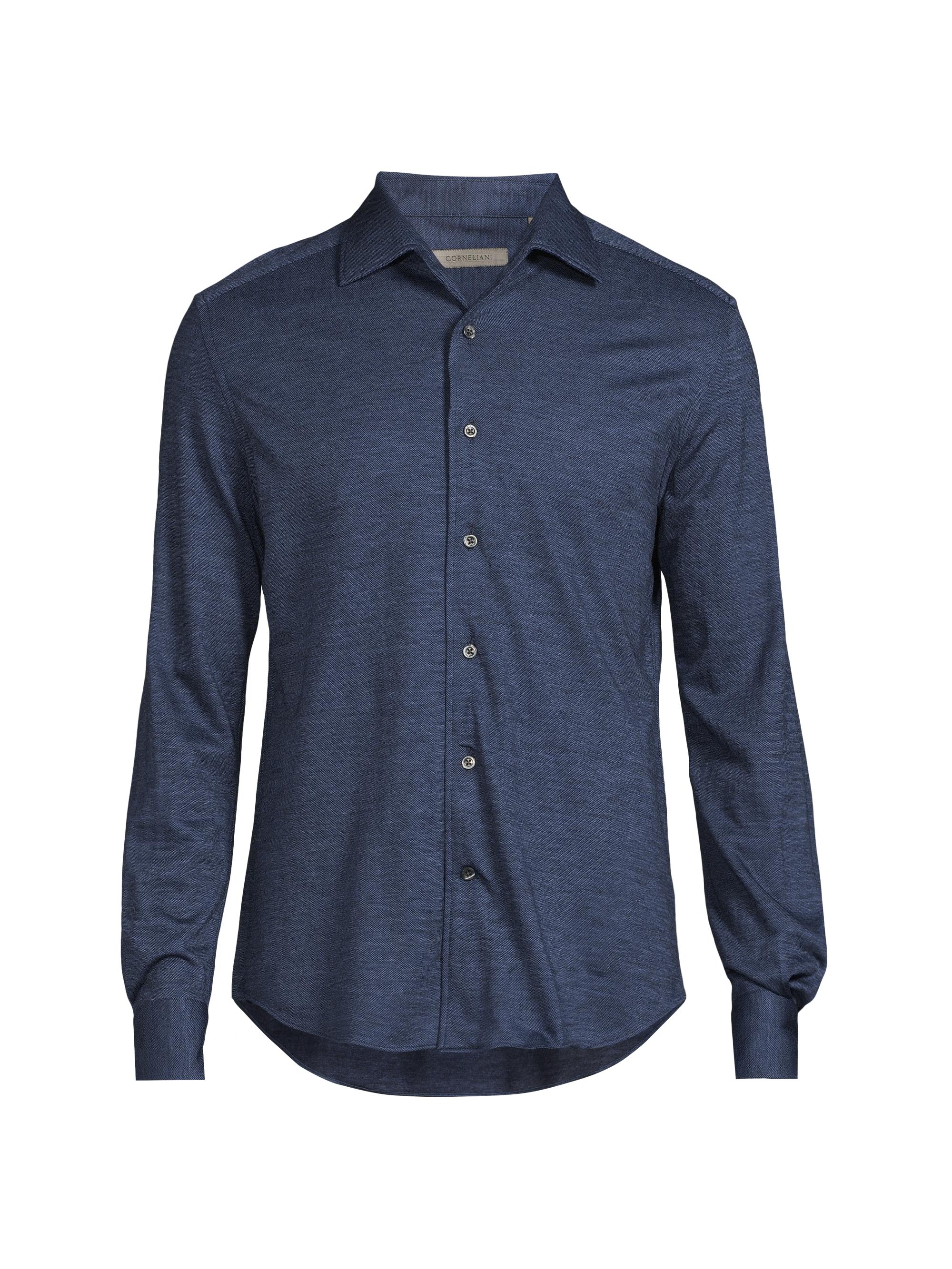 Corneliani Men's Wool-Blend Button-Up Shirt - Blue