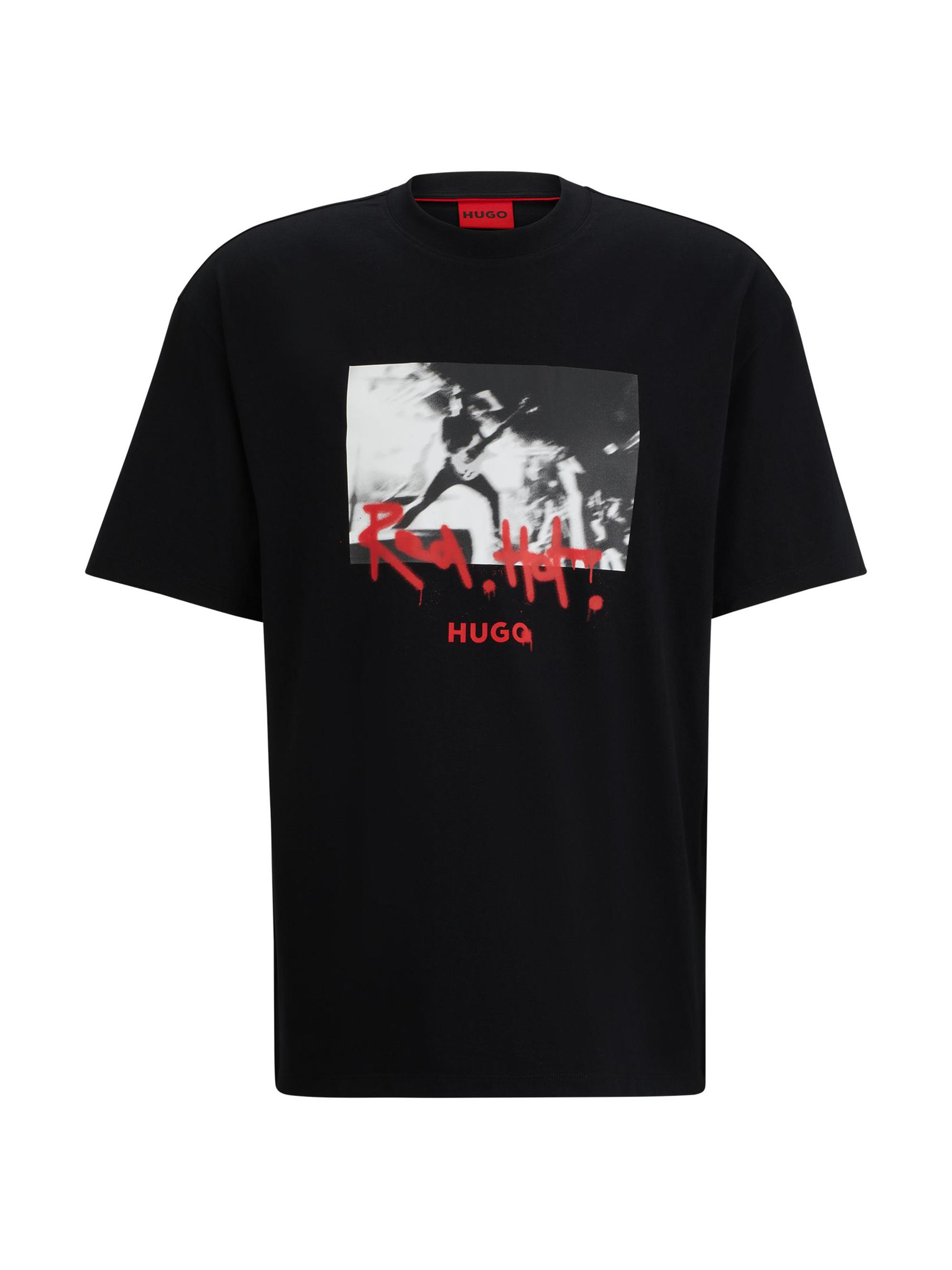 HUGO Men's Cotton Jersey T-Shirt with Spray Paint Artwork - Black