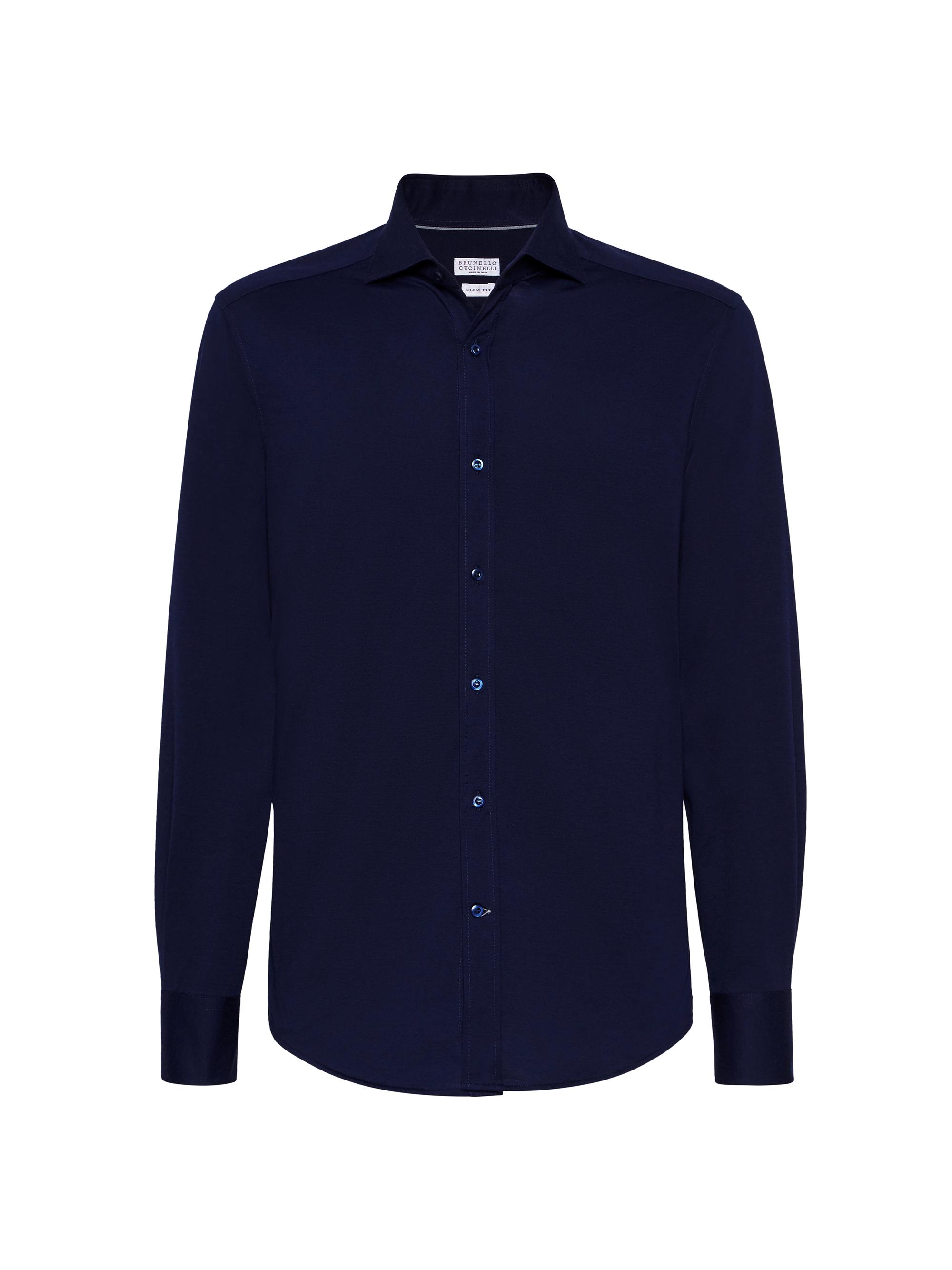 Brunello Cucinelli Men's Cotton Piqué Basic Fit Shirt with Spread Collar - Navy Blue