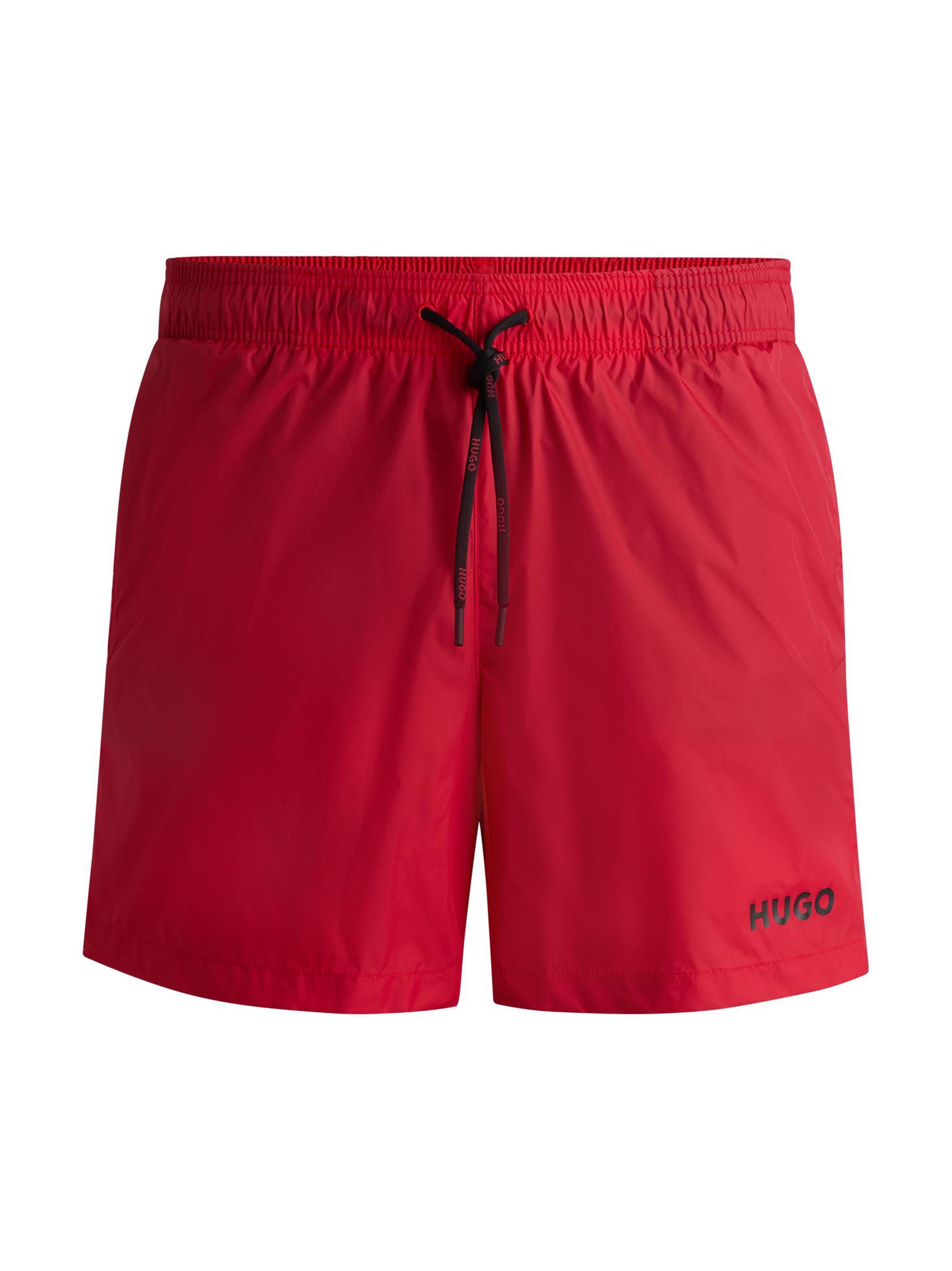 HUGO Men's Ultra Light Quick Dry Swim Shorts with Logo Print - Red