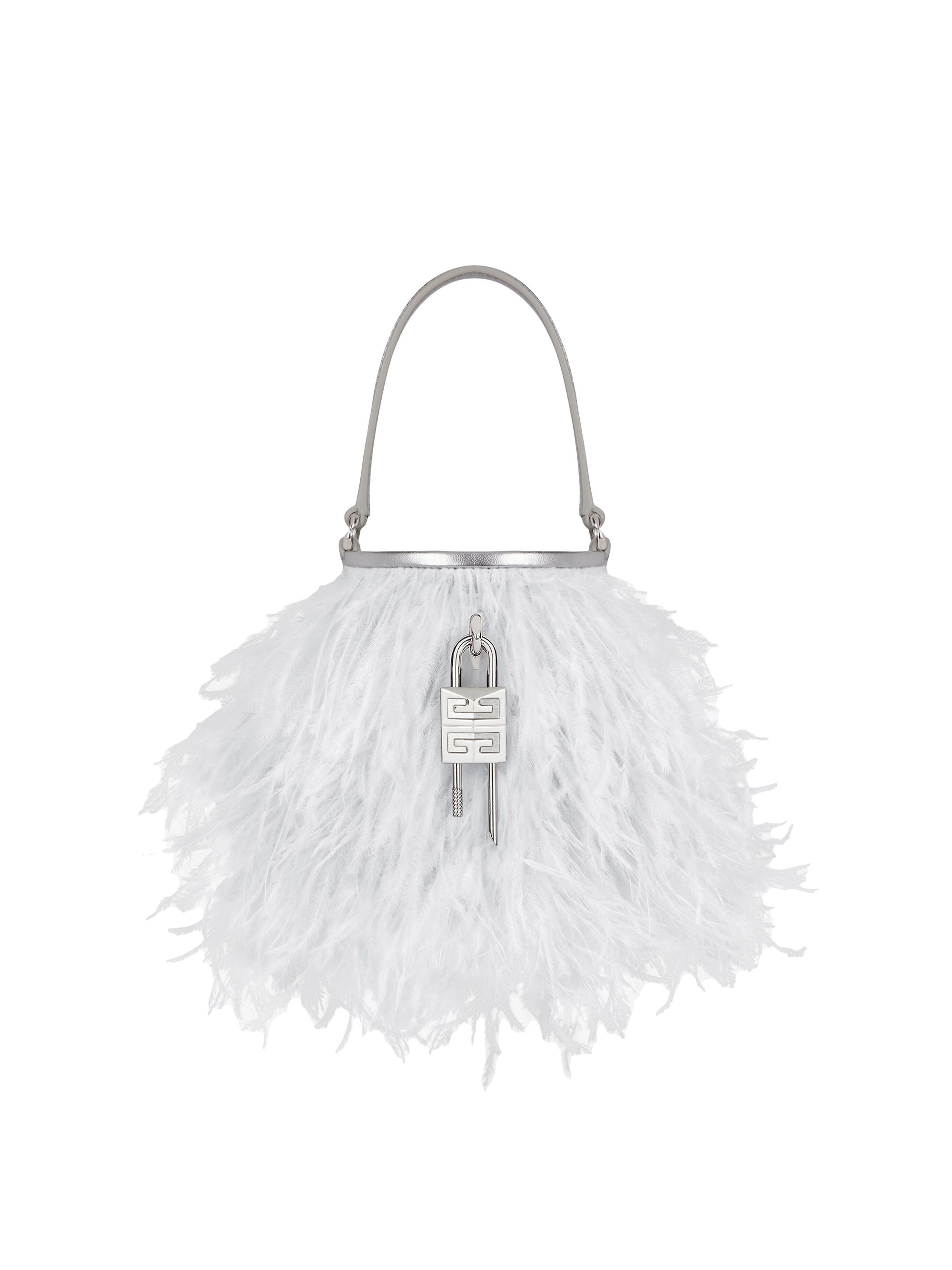 Givenchy Women's Micro Shark Lock Bucket Bag in Satin with Feathers - Light Grey