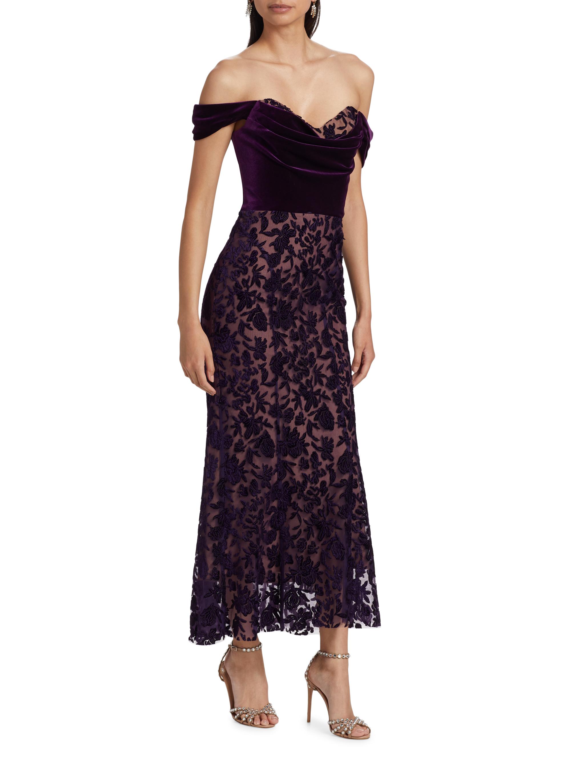 Marchesa Notte Off-the-Shoulder Velvet Lace Cocktail Dress Saks