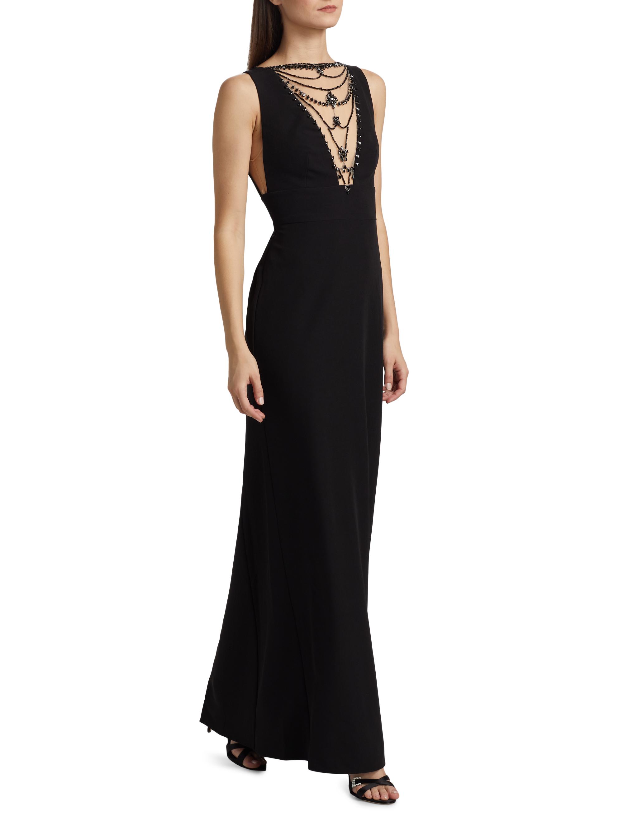 Marchesa Notte ロングドレス　ブラック　イブニングドレス　ドレープ Marchesa Notte Illusion-Neck Crepe Column Gown | Saks Fifth Avenue