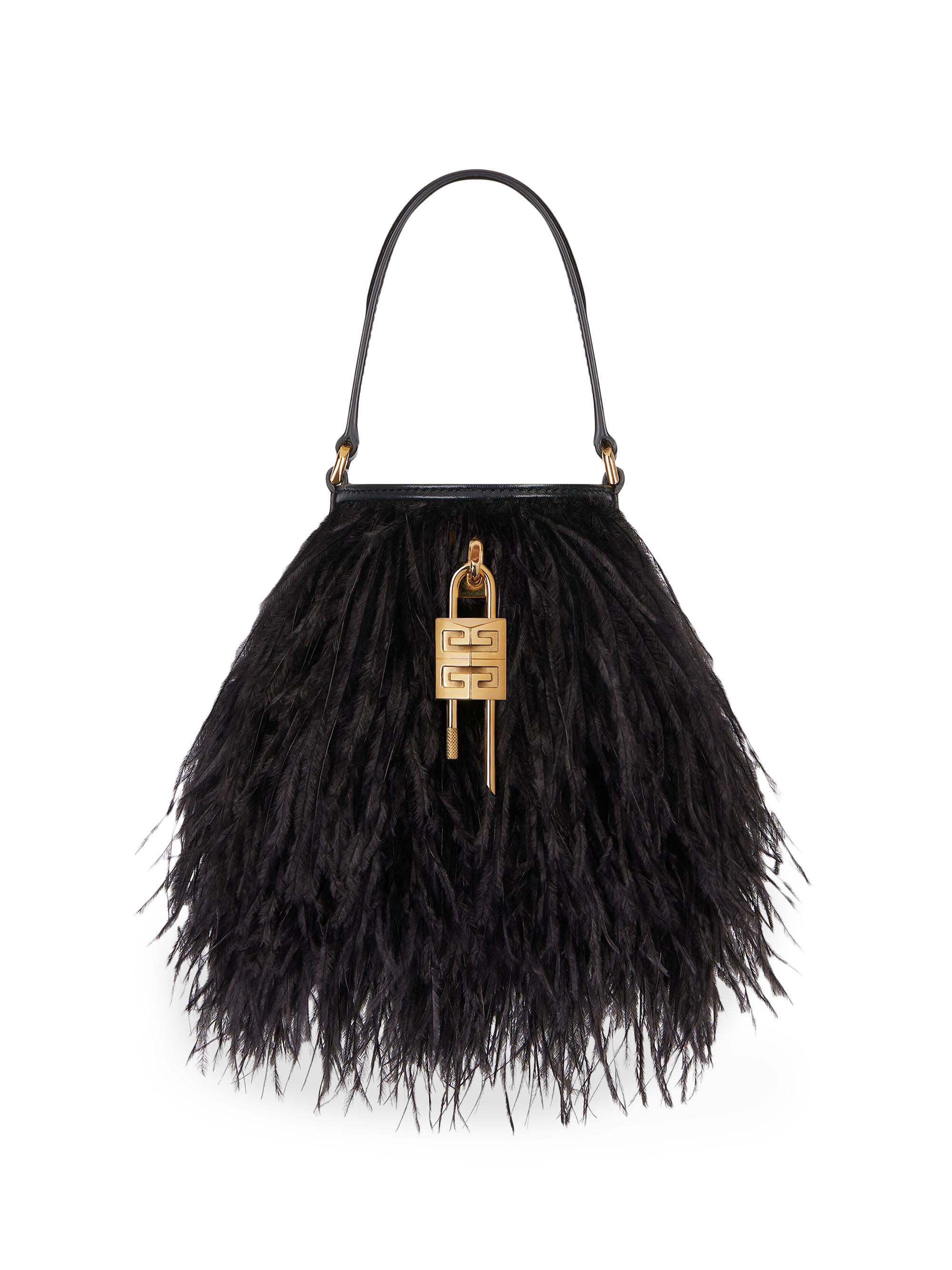 Givenchy Women's Micro Shark Lock Bucket Bag in Satin with Feathers - Black