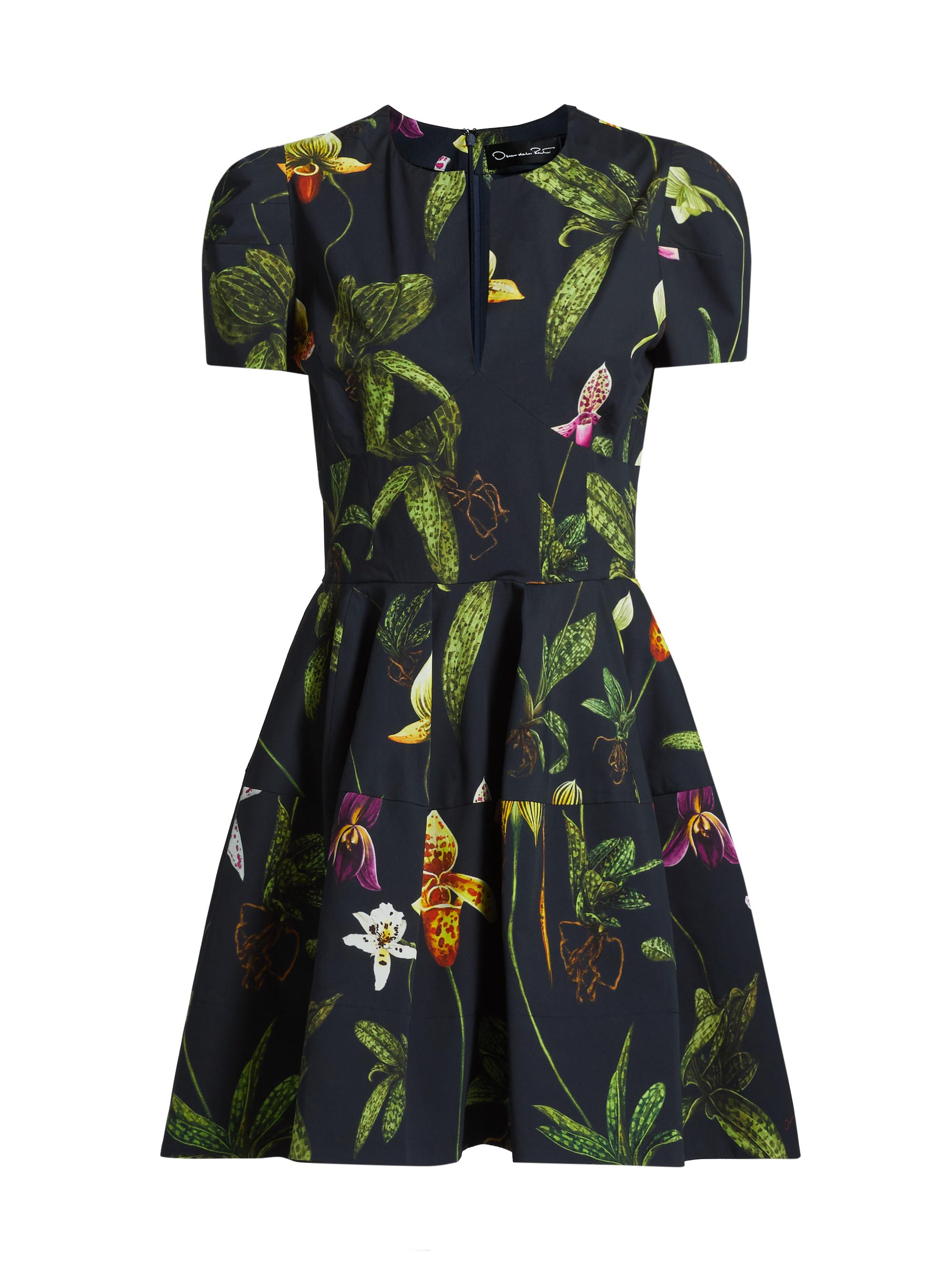 Oscar de la Renta Women's Orchids Poplin Puff-Sleeve Minidress - Navy Multi