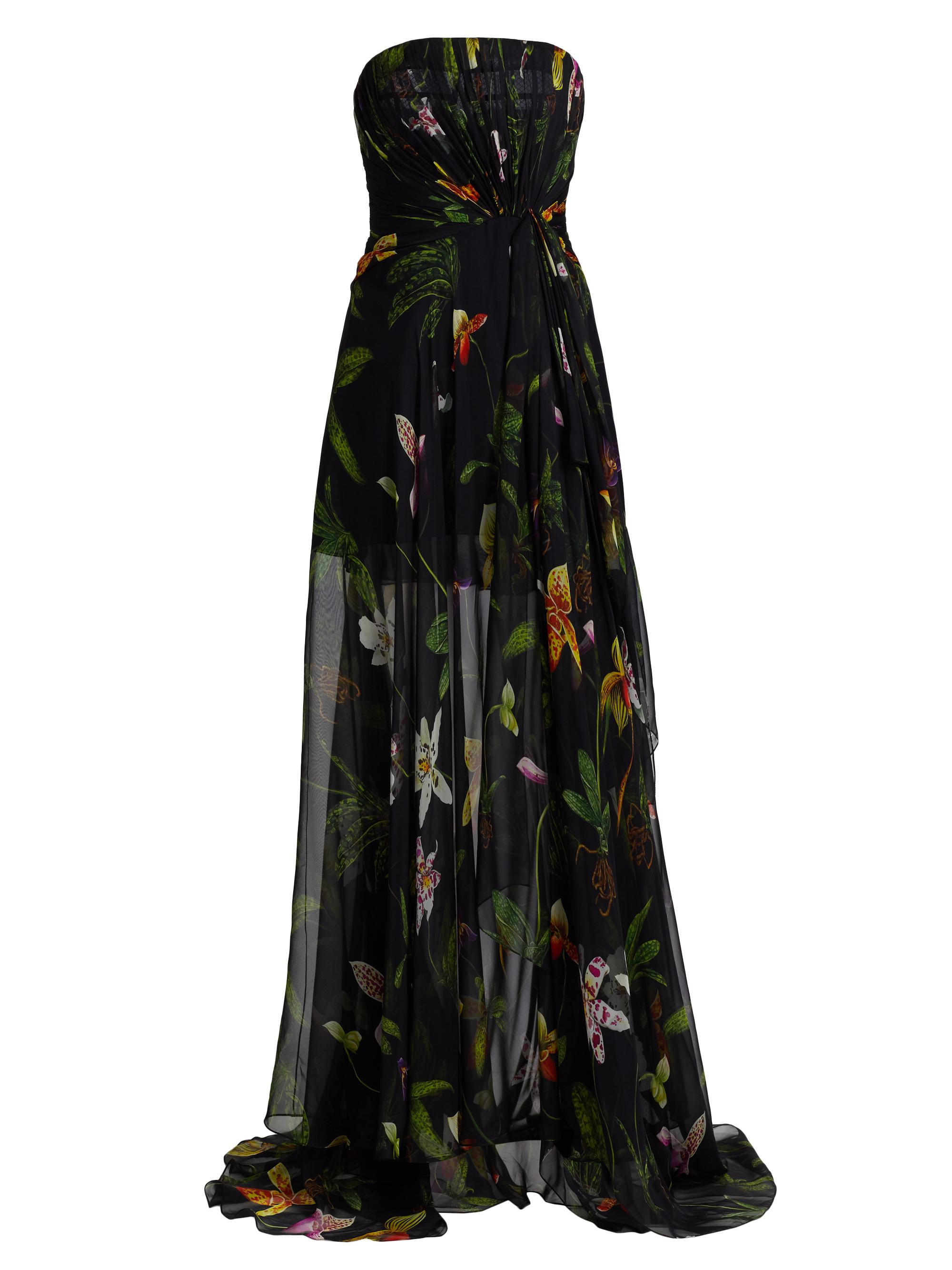 Oscar de la Renta Orchids Silk Chiffon Strapless Drape Gown Saks