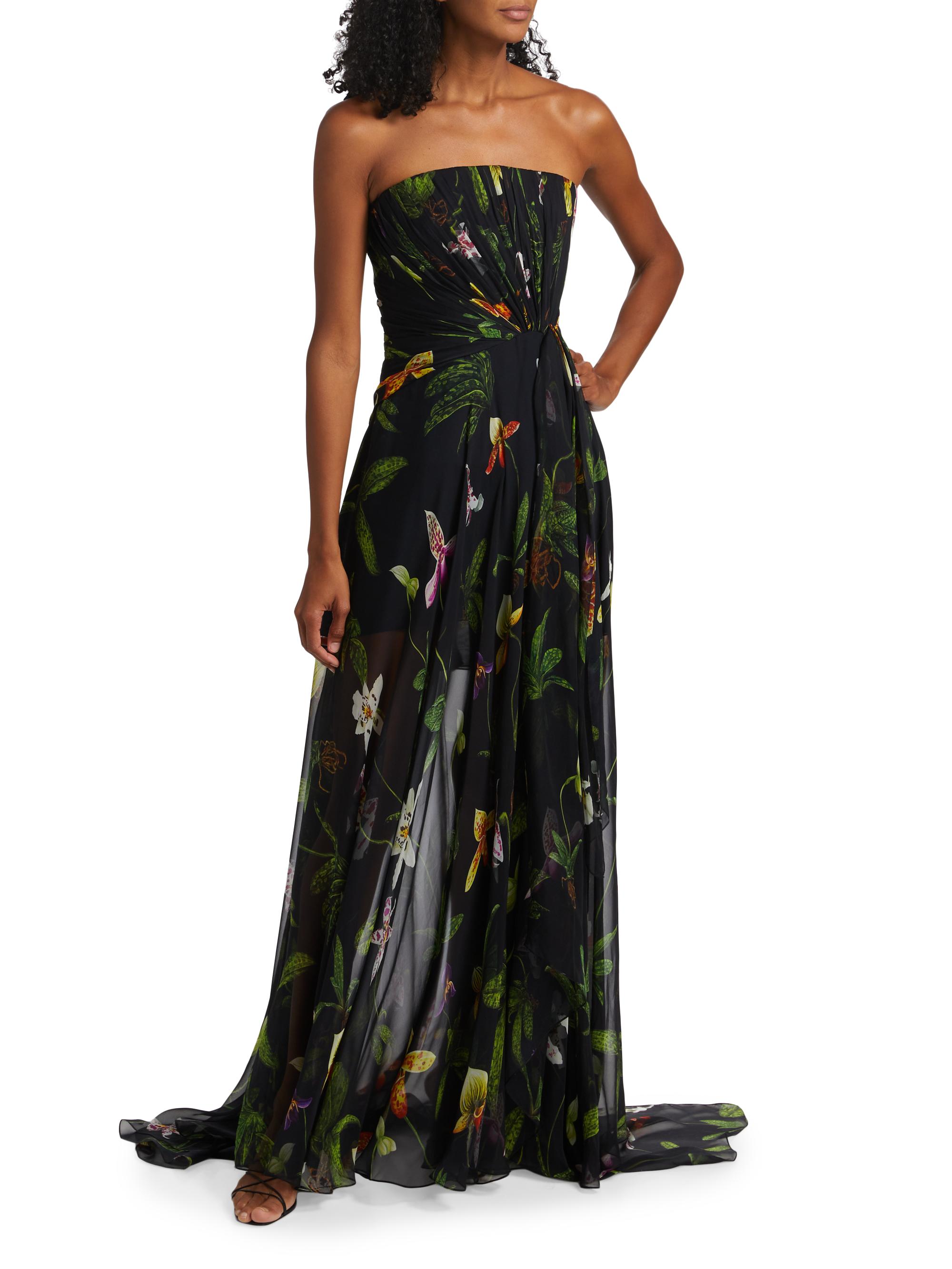 Oscar de la Renta Orchids Silk Chiffon Strapless Drape Gown | Saks