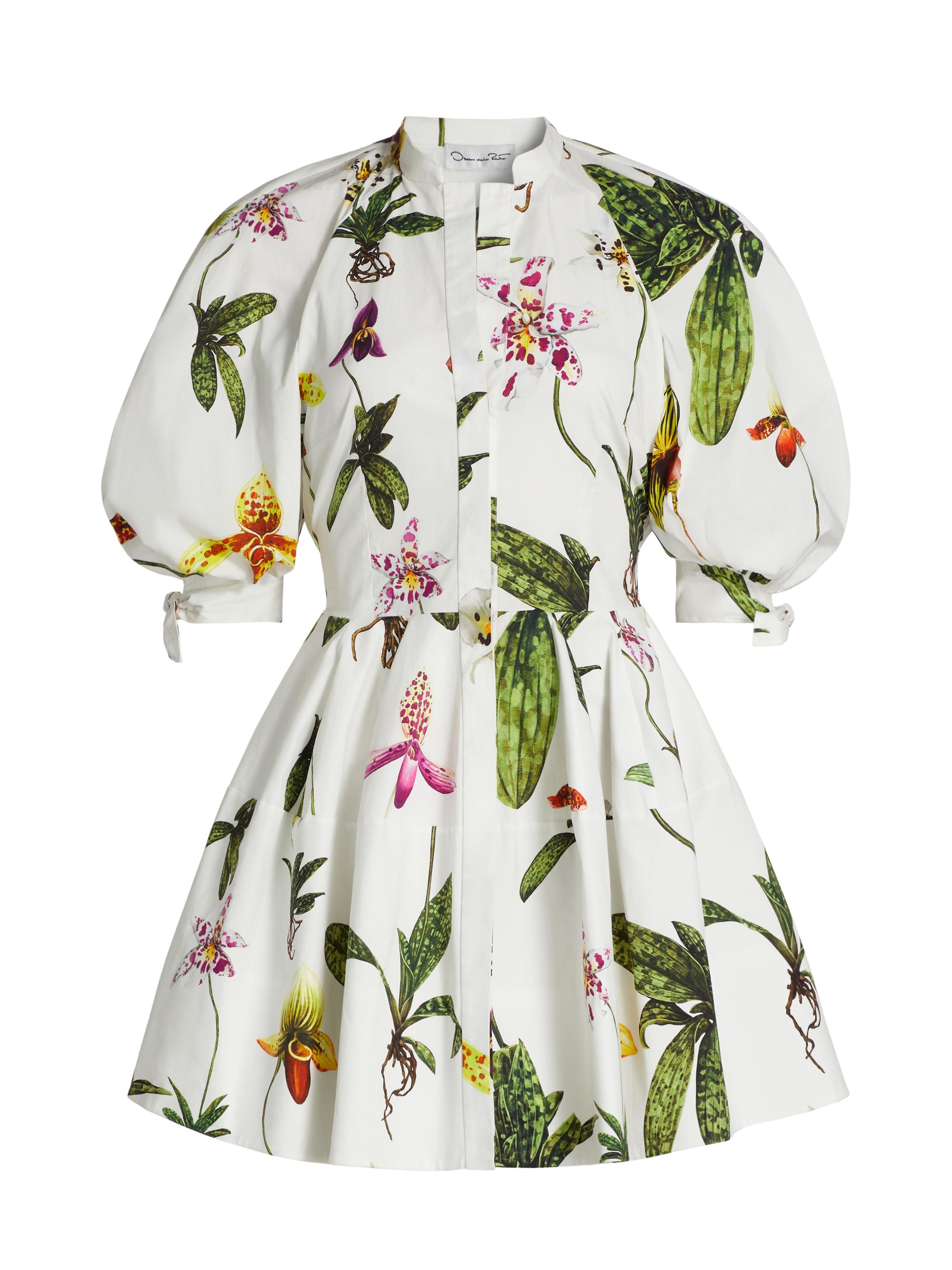 Oscar de la Renta Women's Orchid Poplin Puff-Sleeve Shirtdress - White Multi