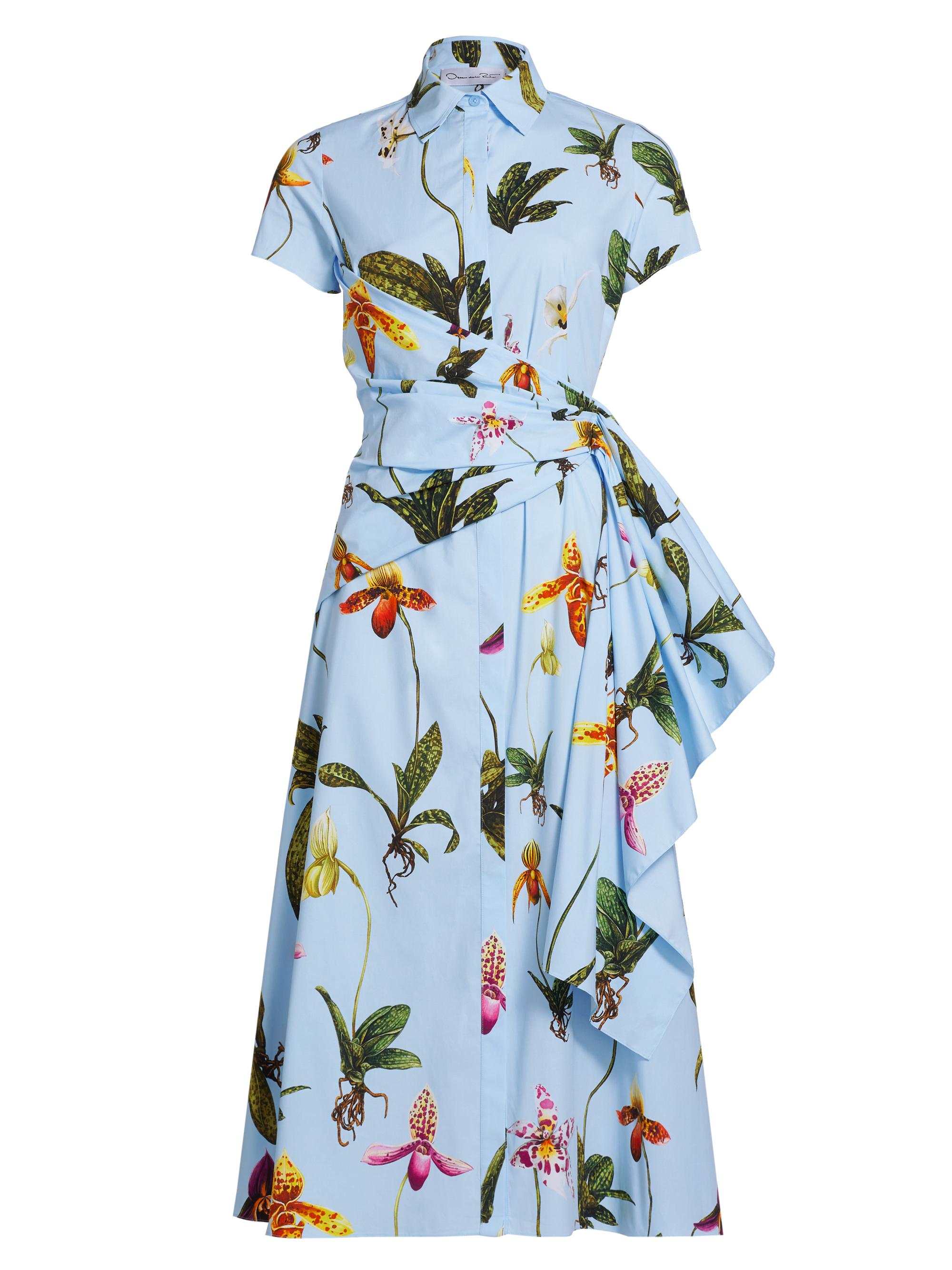Oscar de la Renta Women's Orchid Waist-Sash Shirt Dress - Light Blue Multi