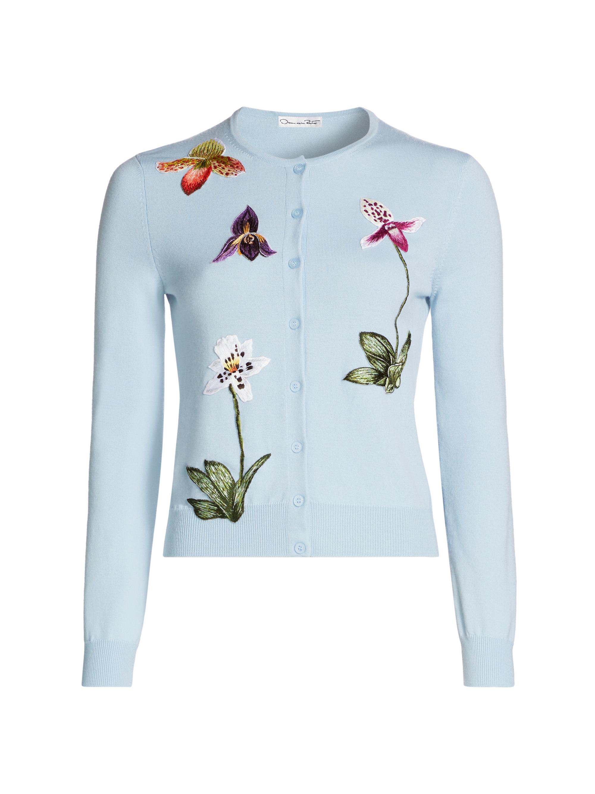 Oscar de la Renta Women's Floral-Embroidered Wool Cardigan - Light Blue