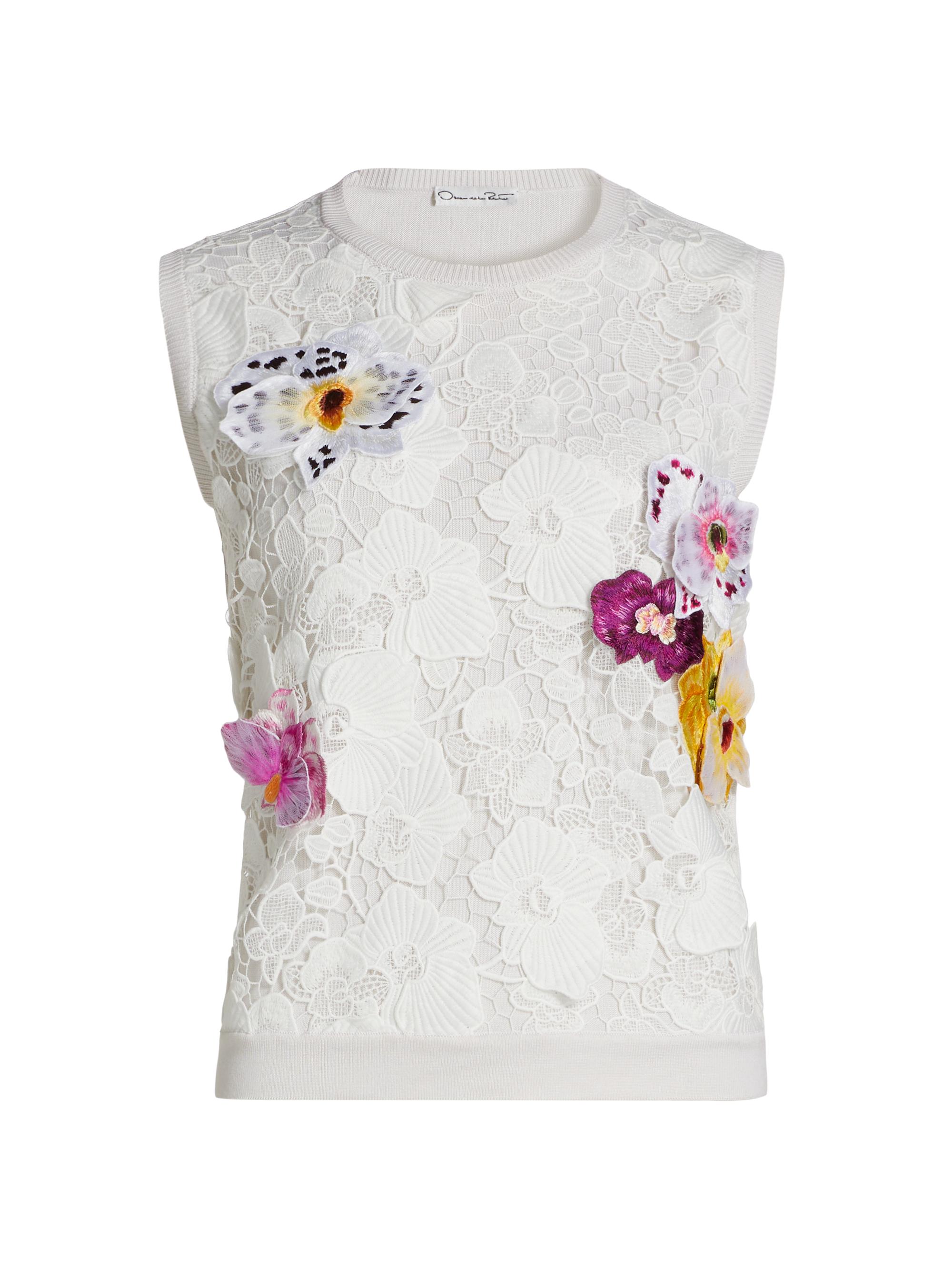 Oscar de la Renta Women's Floral Appliqué Silk-Blend Tank - White Multi