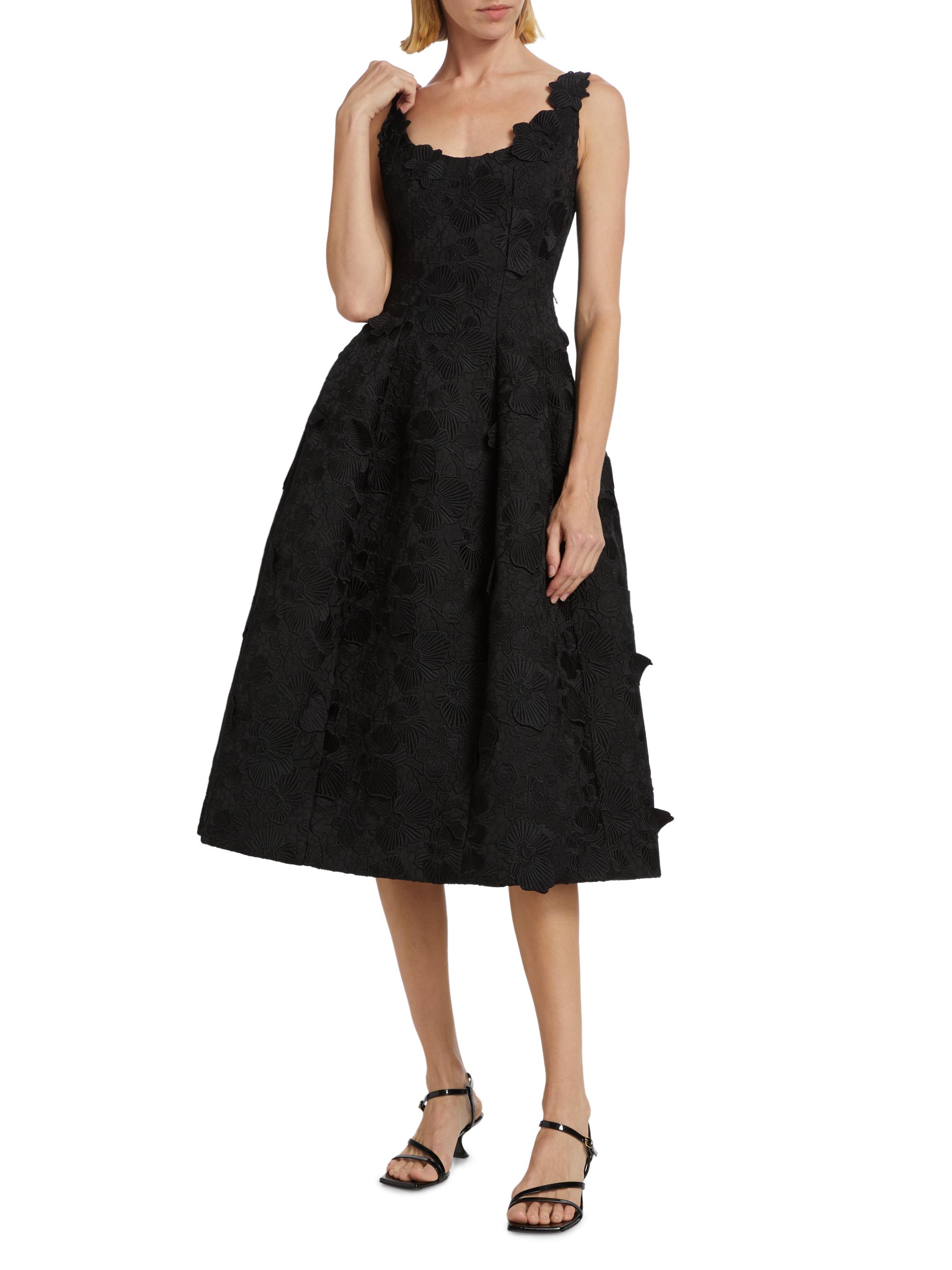 Oscar de la Renta Floral Appliqué Scoopneck Midi-Dress | Saks