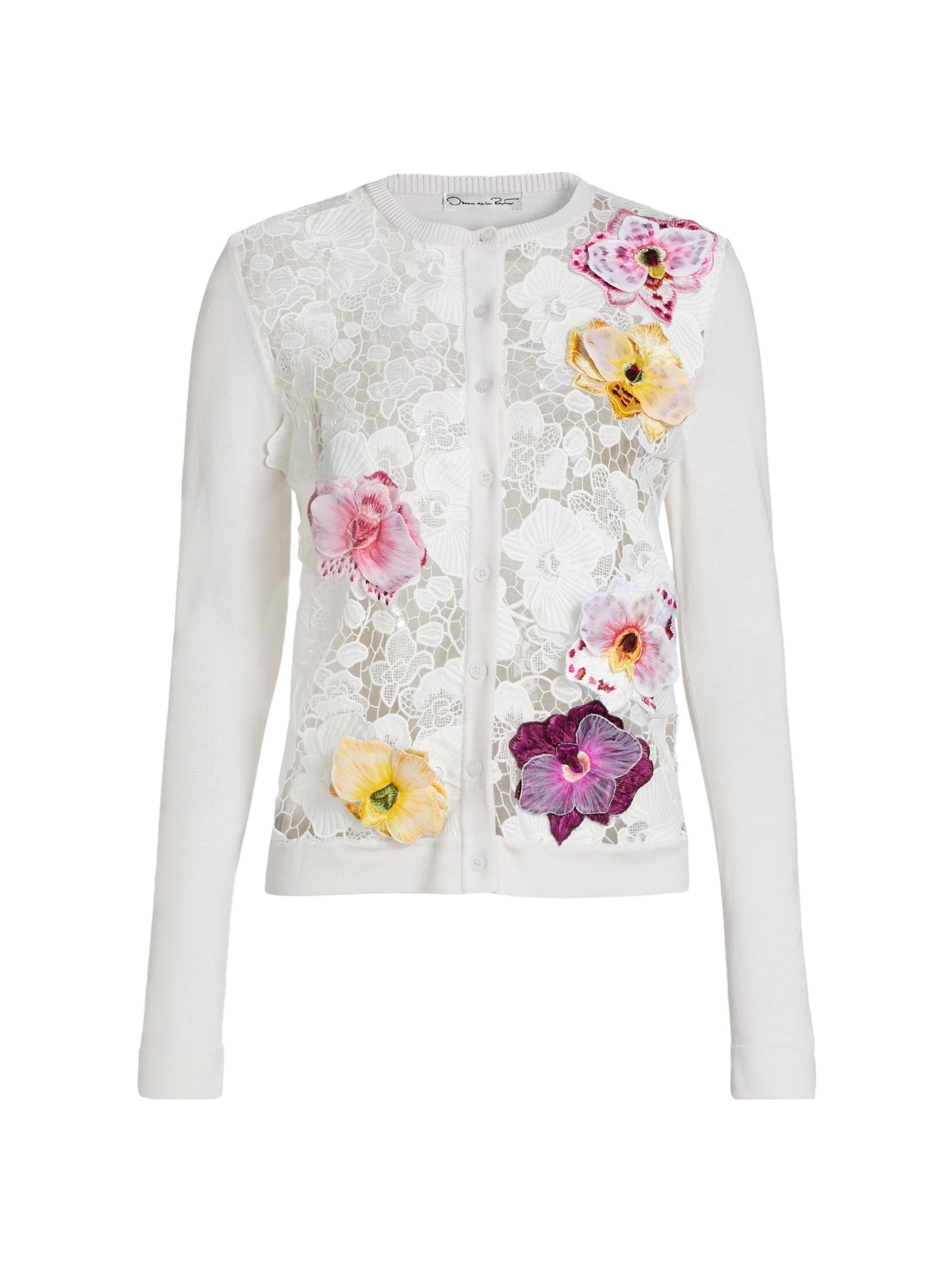 Oscar de la Renta Women's Floral-Embroidered Silk-Blend Cardigan - White Multi