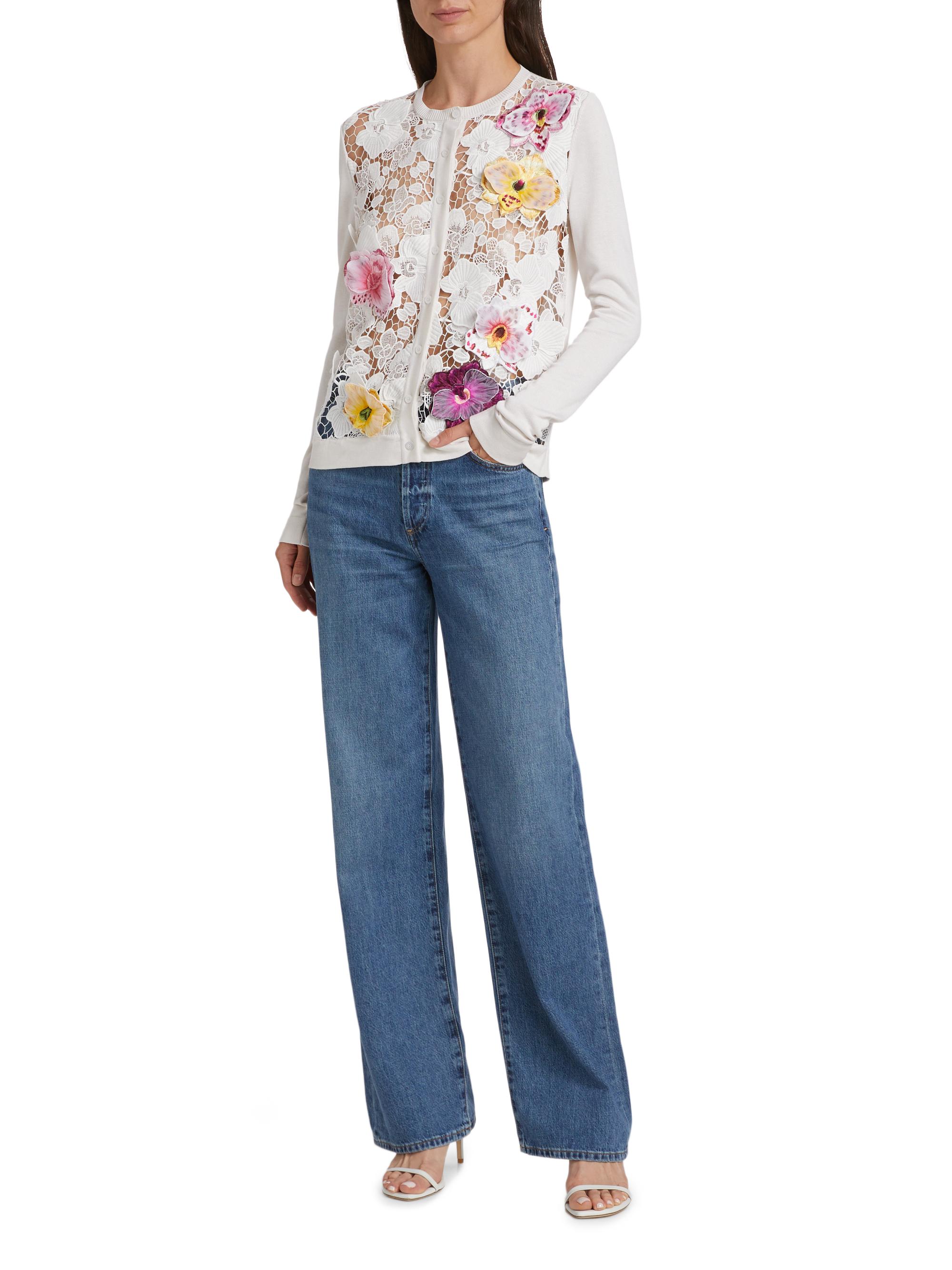 Cardigan Oscar De La Renta Laine Brodée Fleurs Bleu - Taille L Neuf Sans étiquettes