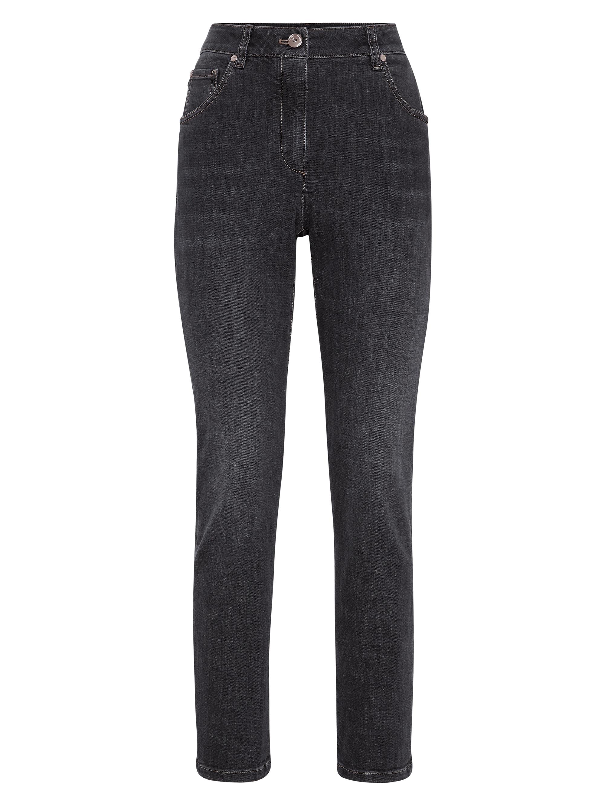 Brunello Cucinelli Women's Stretch Denim Slim Trousers with Shiny Leather Tab - Grey Denim