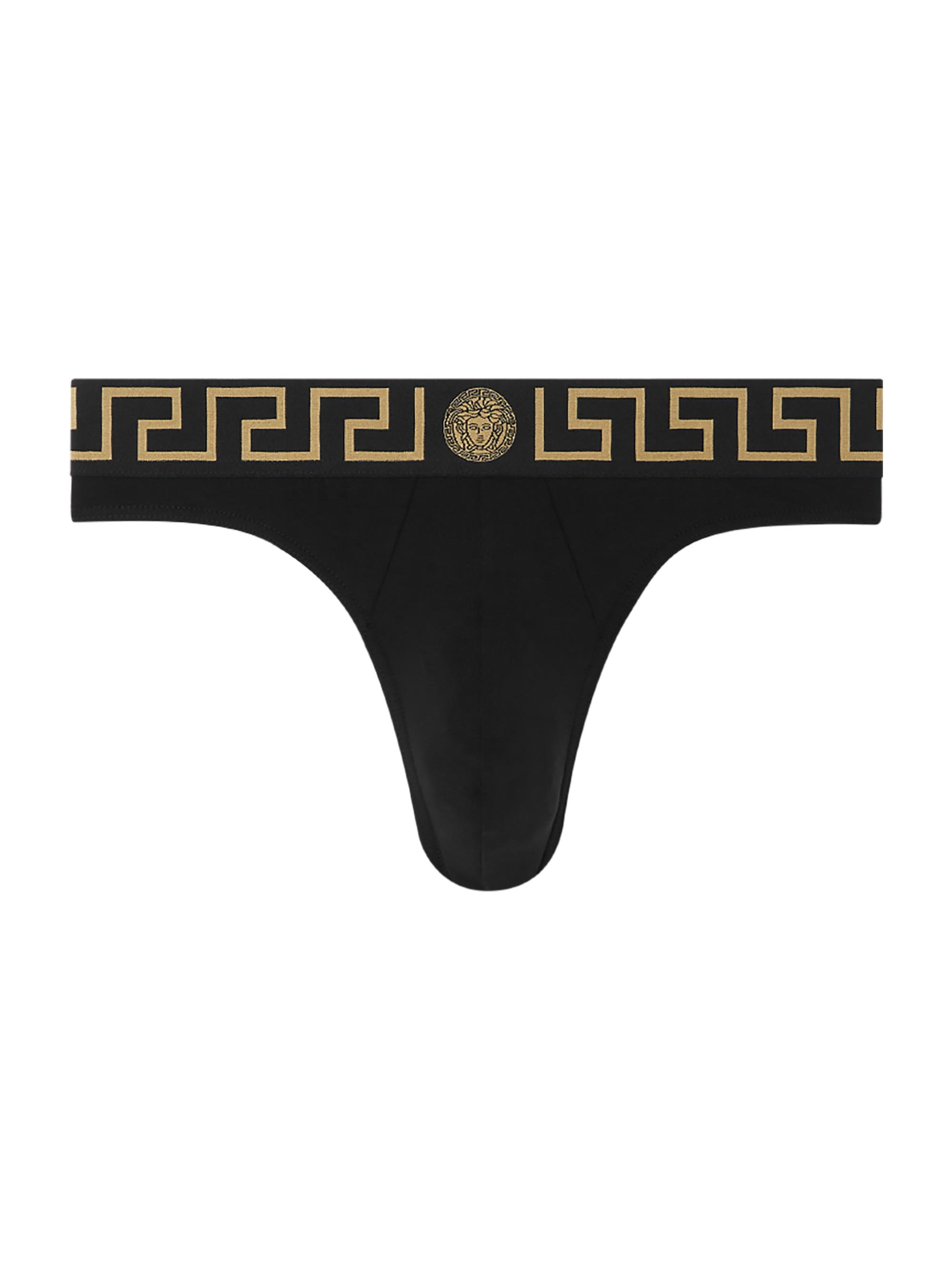Versace Men's Greca Logo Cotton-Blend Thong - Black Gold