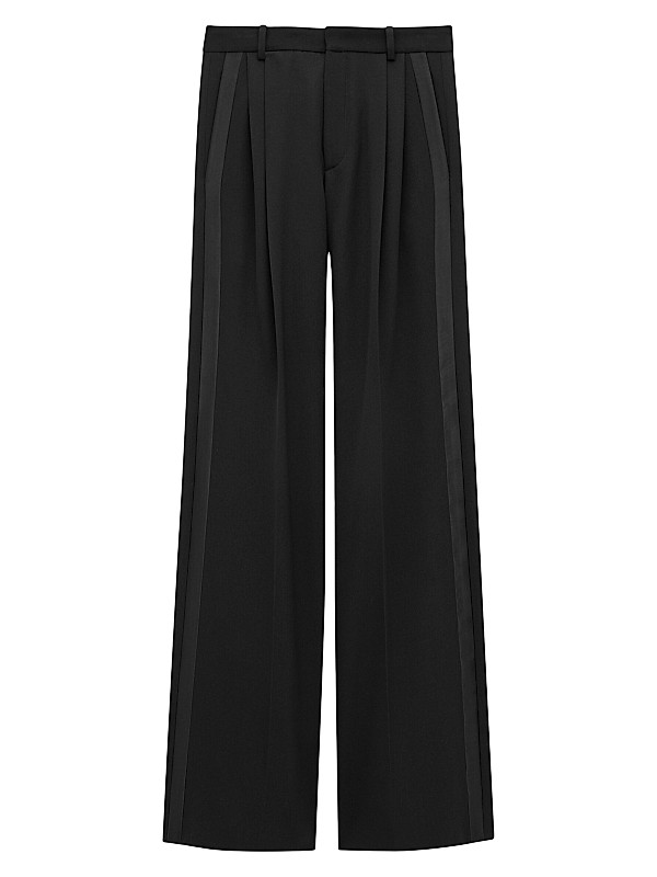 Shop Saint Laurent Wide-Leg Tuxedo Pants in Grain De Poudre Shop Saint Laurent Wide-Leg Tuxedo Pants in Grain De Poudre