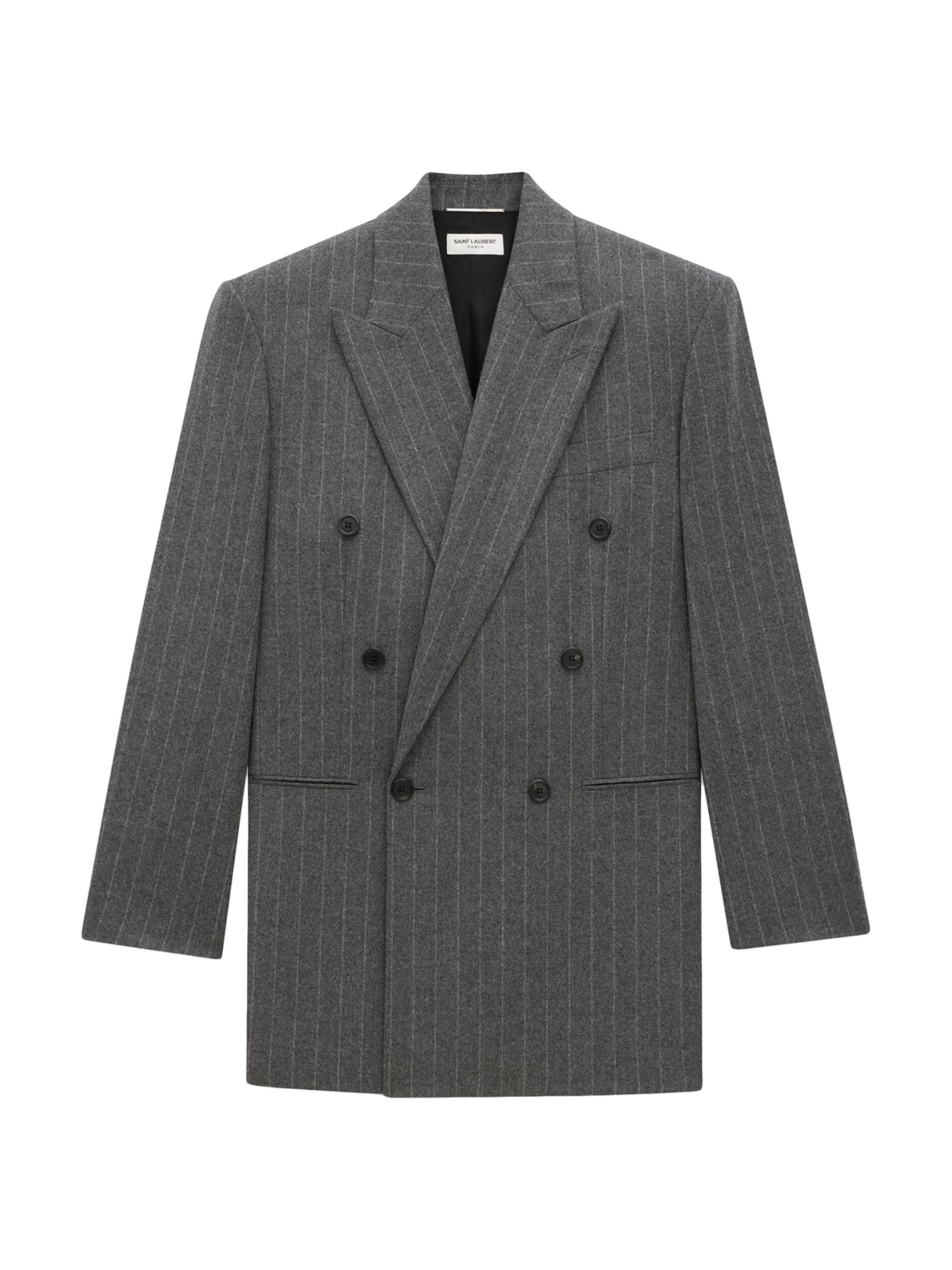 Saint Laurent Men's Jacket in Striped Wool and Cashmere Flannel - Gris Craie