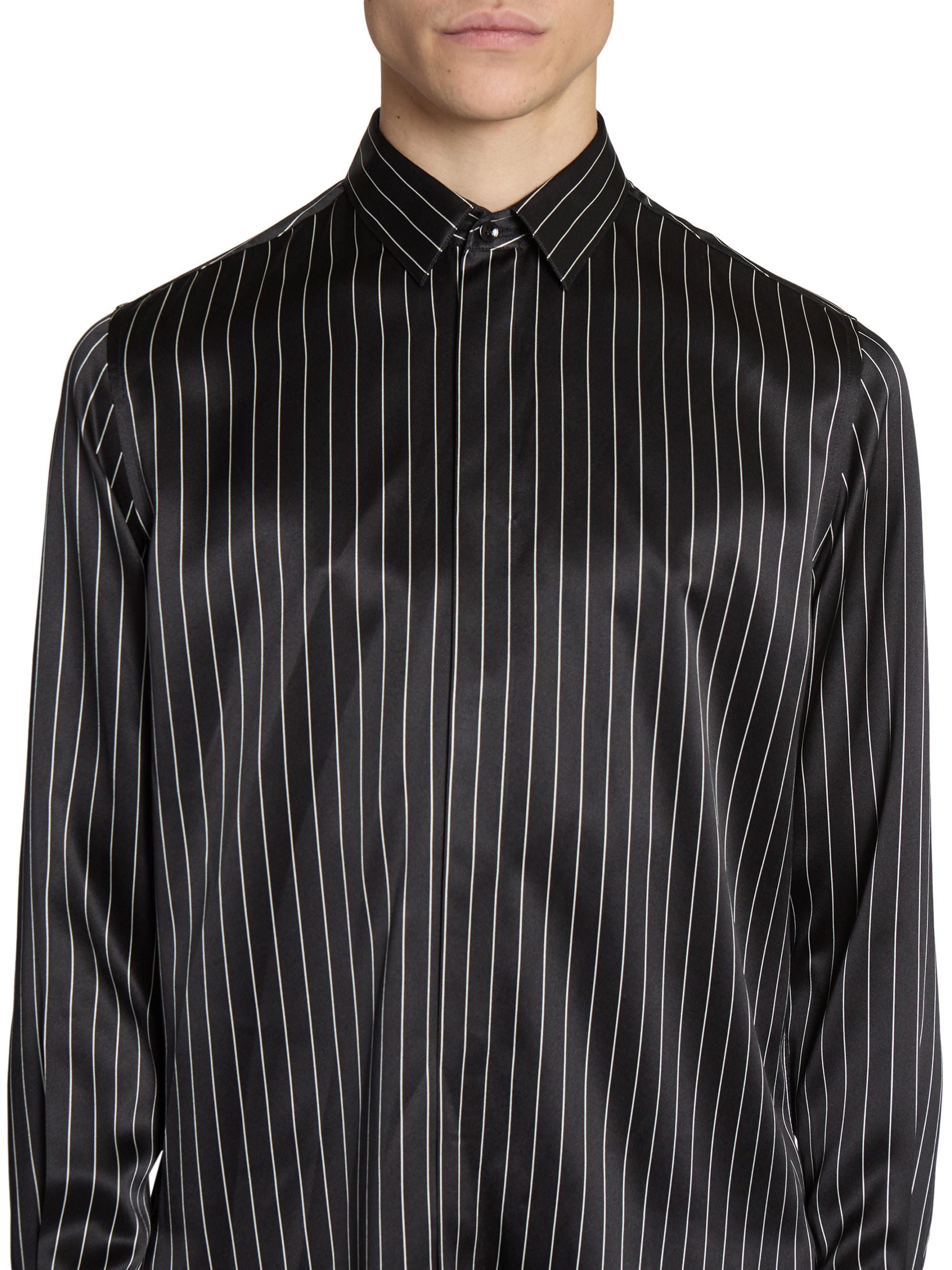 Saint Laurent Shirt In Striped Silk Satin - Black - Men - 15